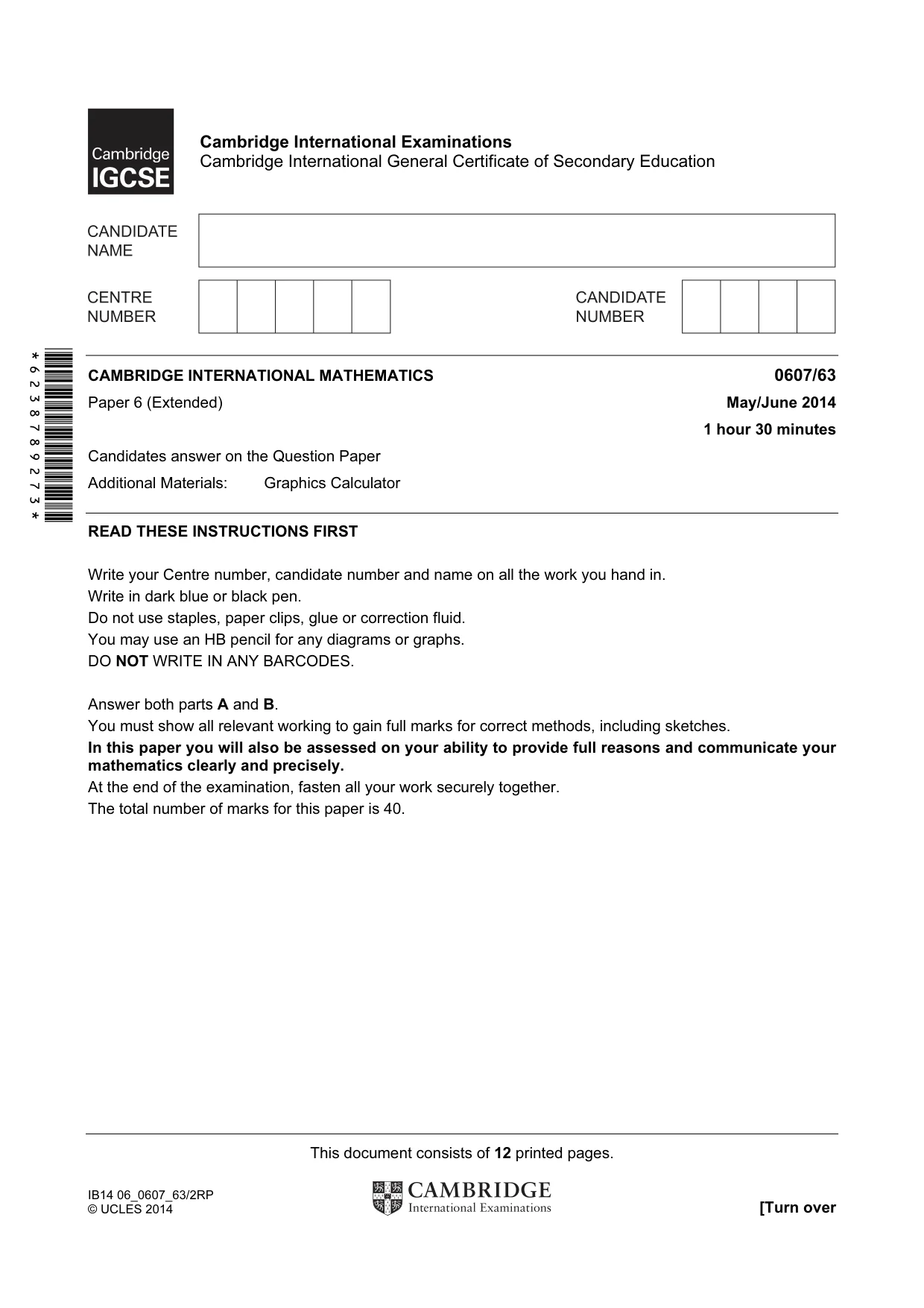 Cambridge IGCSE Mathematics - International 0607 2014 May/June Paper 6 · Variant 3 question paper, page 1 of 12