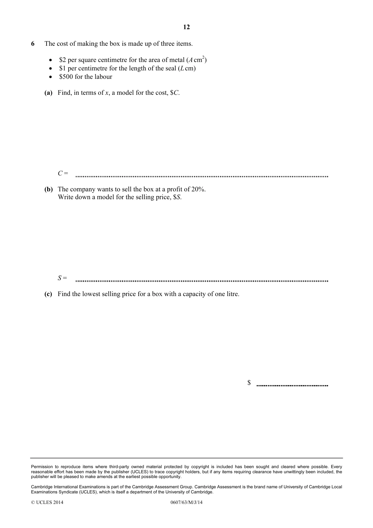 Cambridge IGCSE Mathematics - International 0607 2014 May/June Paper 6 · Variant 3 question paper, page 12 of 12
