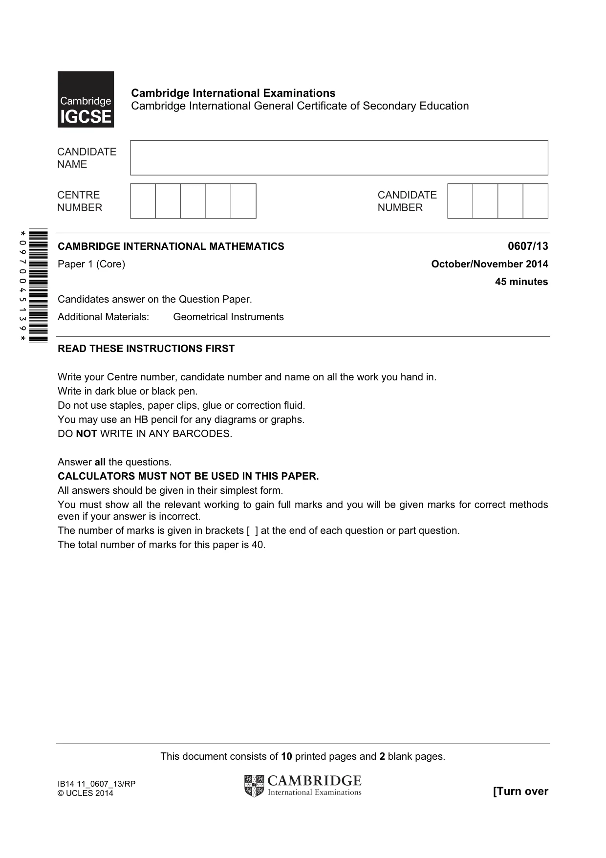 Cambridge IGCSE Mathematics - International 0607 2014 Oct/Nov Paper 1 · Variant 3 question paper, page 1 of 12