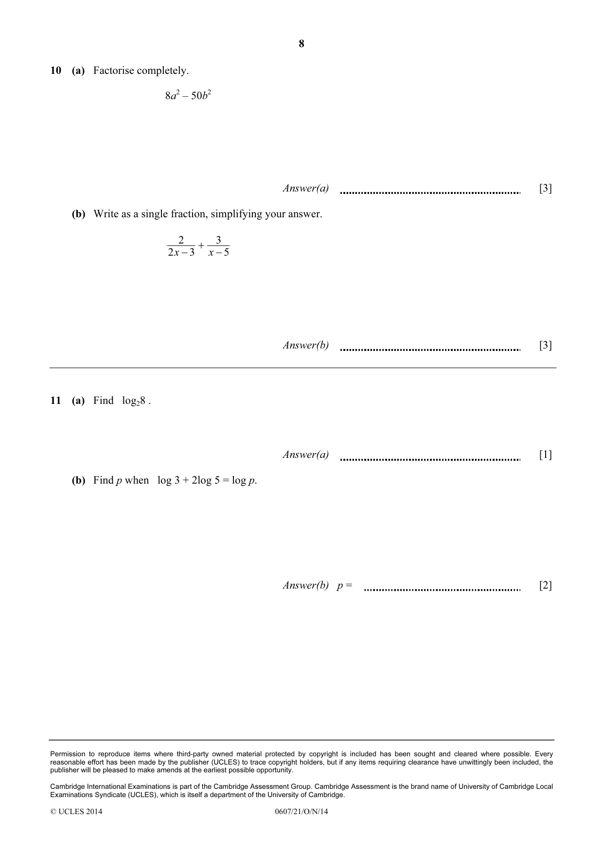 Cambridge IGCSE Mathematics - International 0607 2014 Oct/Nov Paper 2 · Variant 1 question paper, page 8 of 8