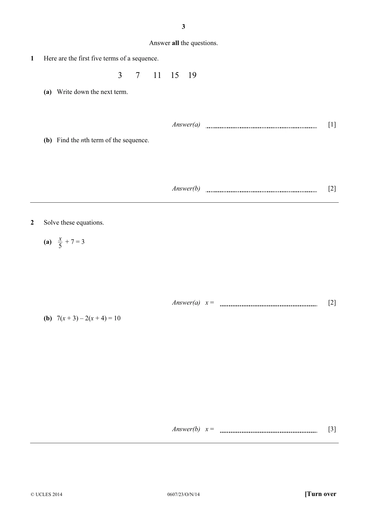 Cambridge IGCSE Mathematics - International 0607 2014 Oct/Nov Paper 2 · Variant 3 question paper, page 3 of 8