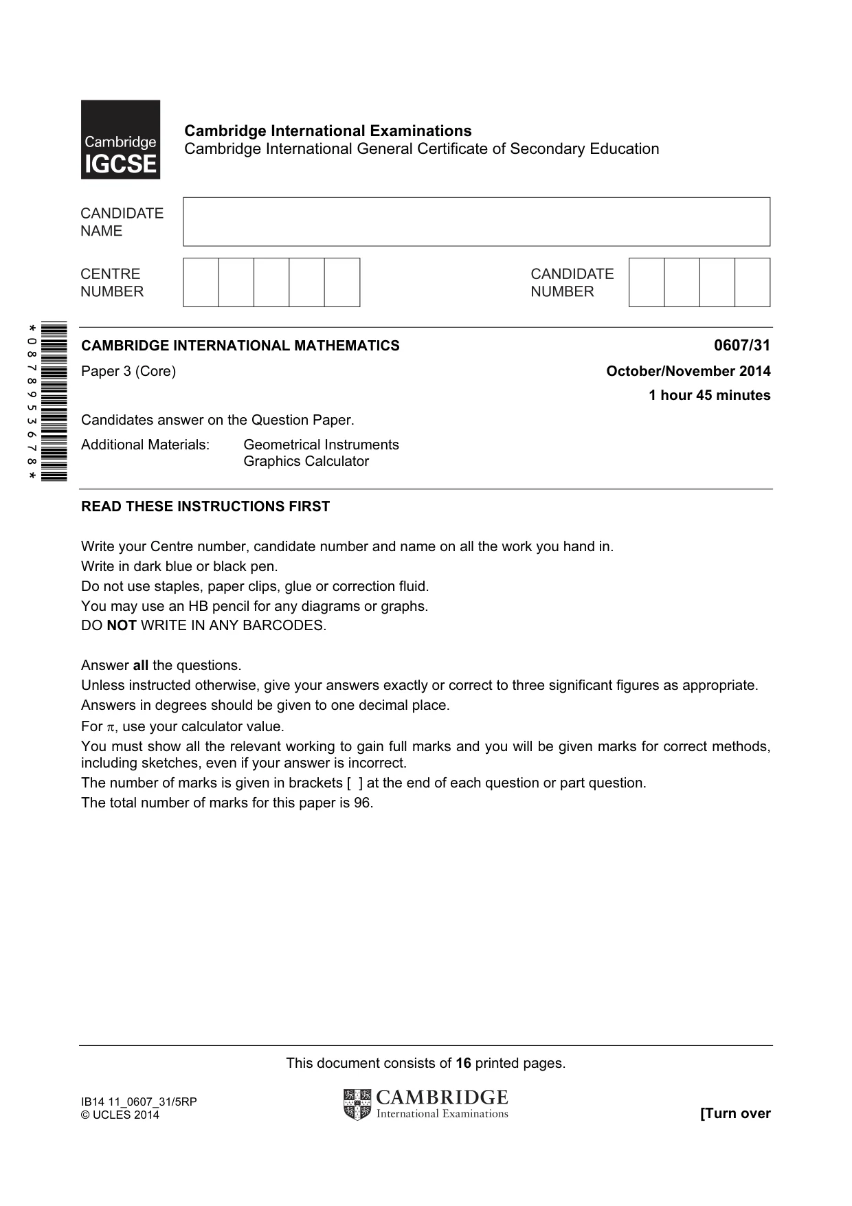 Cambridge IGCSE Mathematics - International 0607 2014 Oct/Nov Paper 3 · Variant 1 question paper, page 1 of 16
