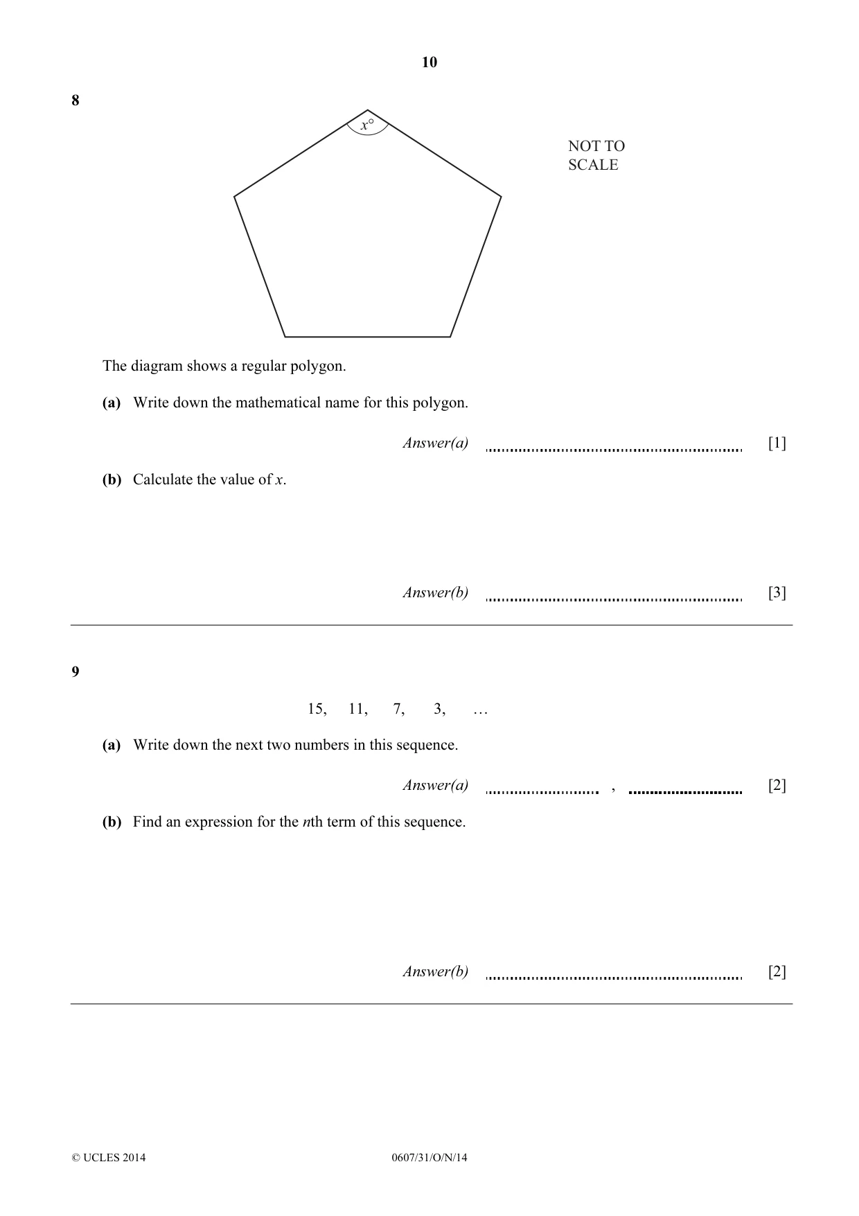 Cambridge IGCSE Mathematics - International 0607 2014 Oct/Nov Paper 3 · Variant 1 question paper, page 10 of 16