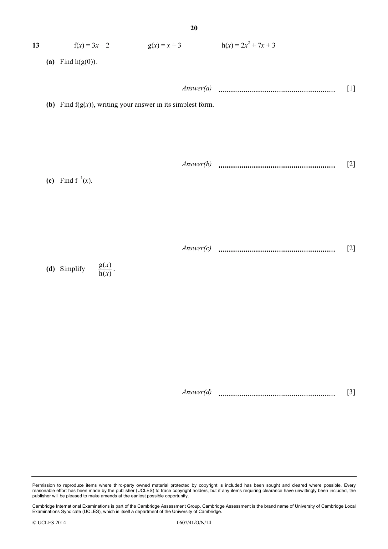 Cambridge IGCSE Mathematics - International 0607 2014 Oct/Nov Paper 4 · Variant 1 question paper, page 20 of 20