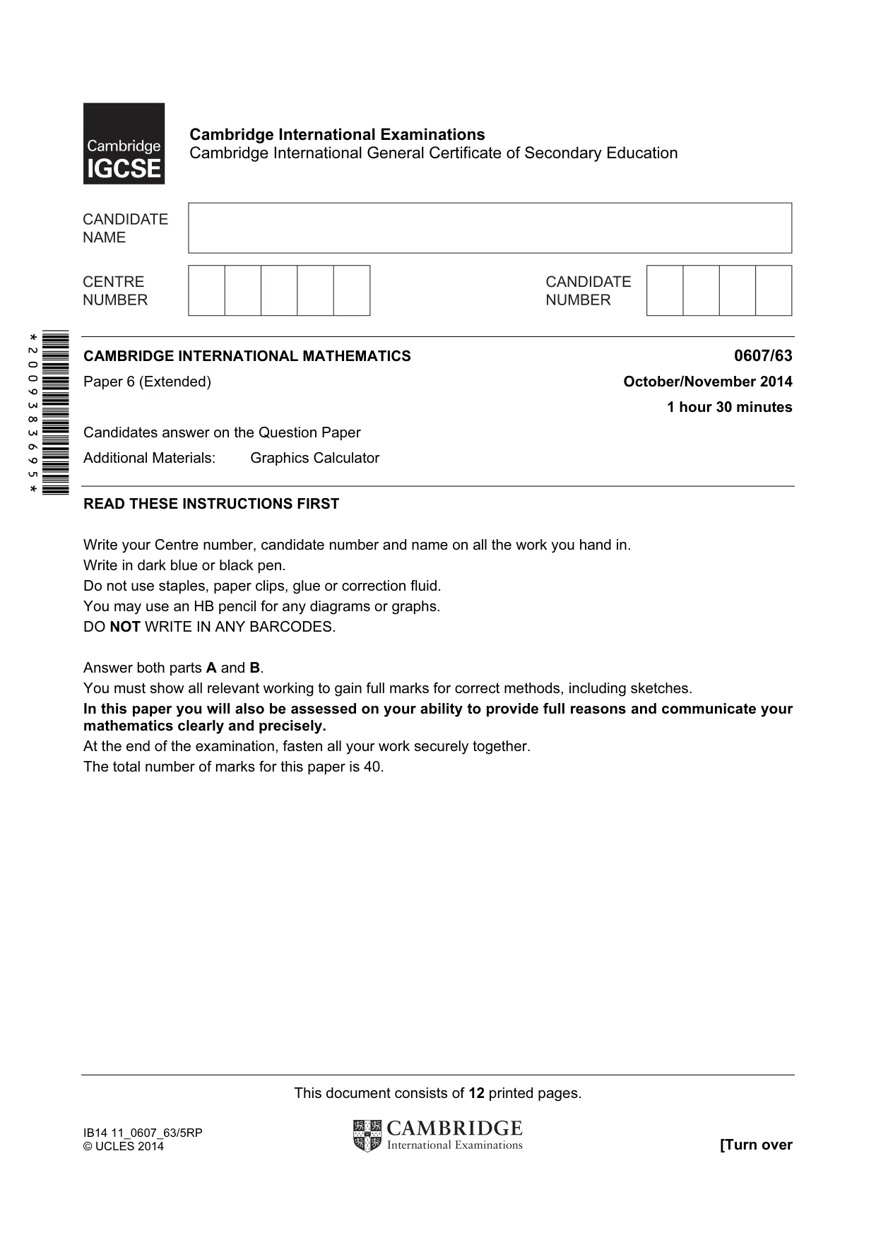 Cambridge IGCSE Mathematics - International 0607 2014 Oct/Nov Paper 6 · Variant 3 question paper, page 1 of 12