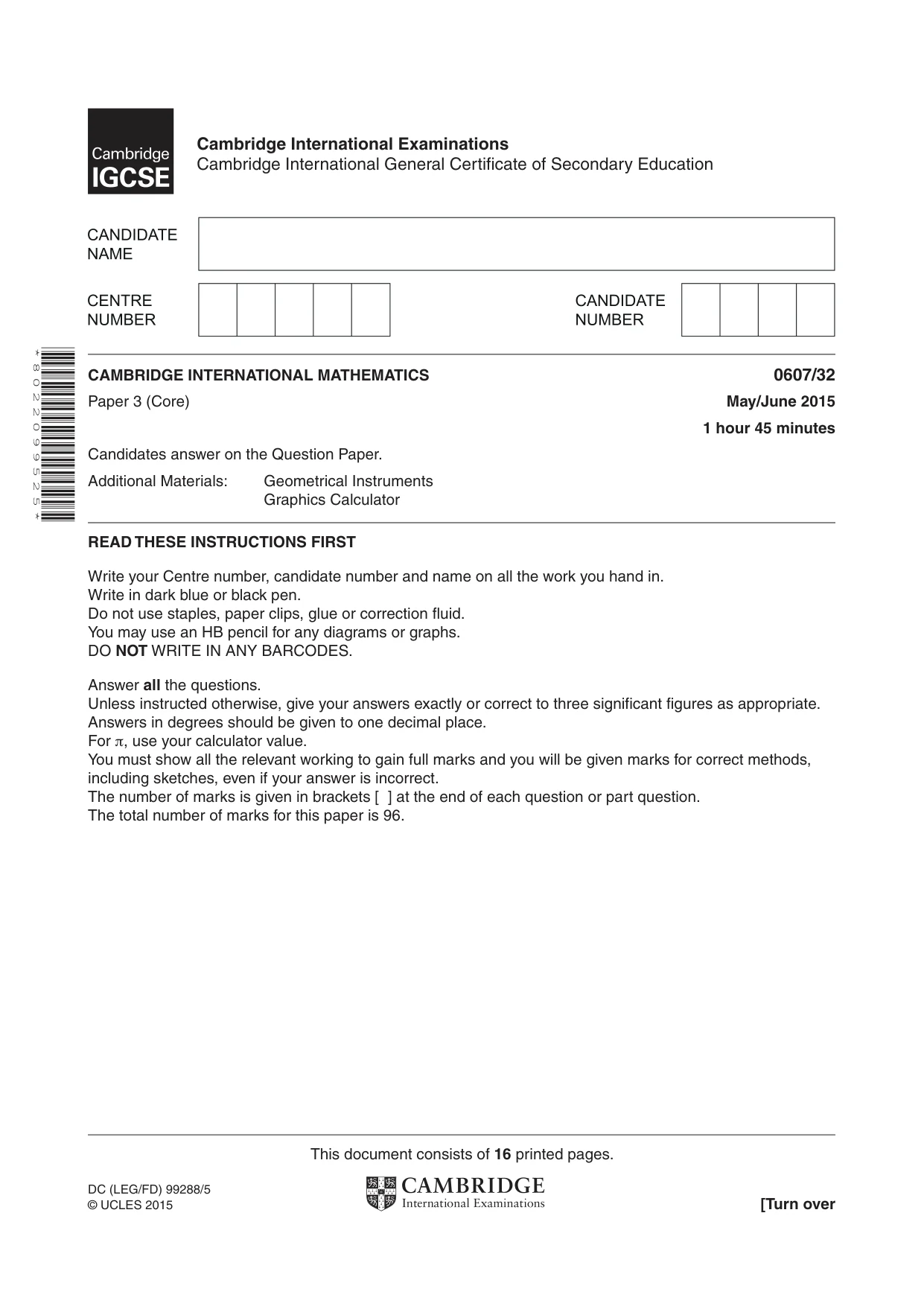 Cambridge IGCSE Mathematics - International 0607 2015 May/June Paper 3 · Variant 2 question paper, page 1 of 16