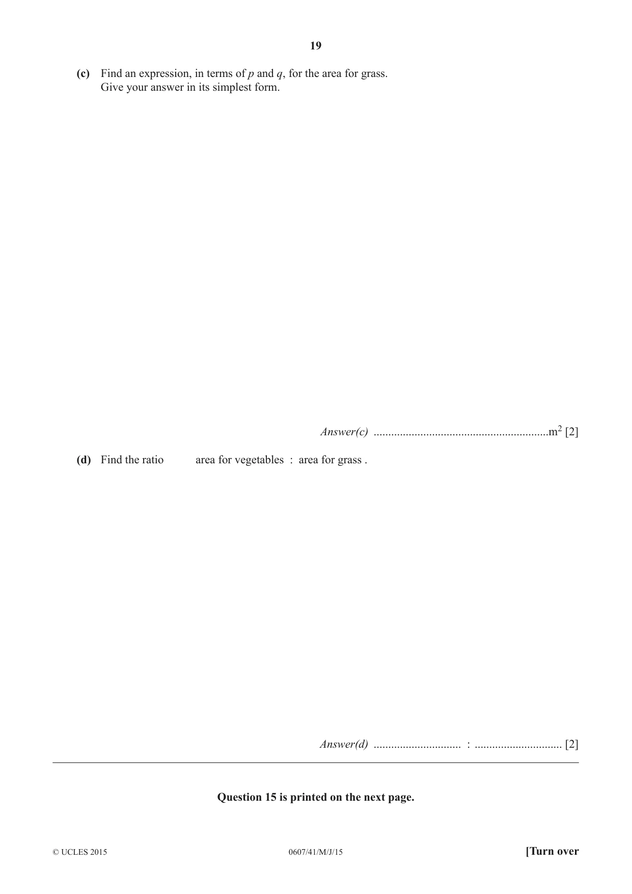 Cambridge IGCSE Mathematics - International 0607 2015 May/June Paper 4 · Variant 1 question paper, page 19 of 20