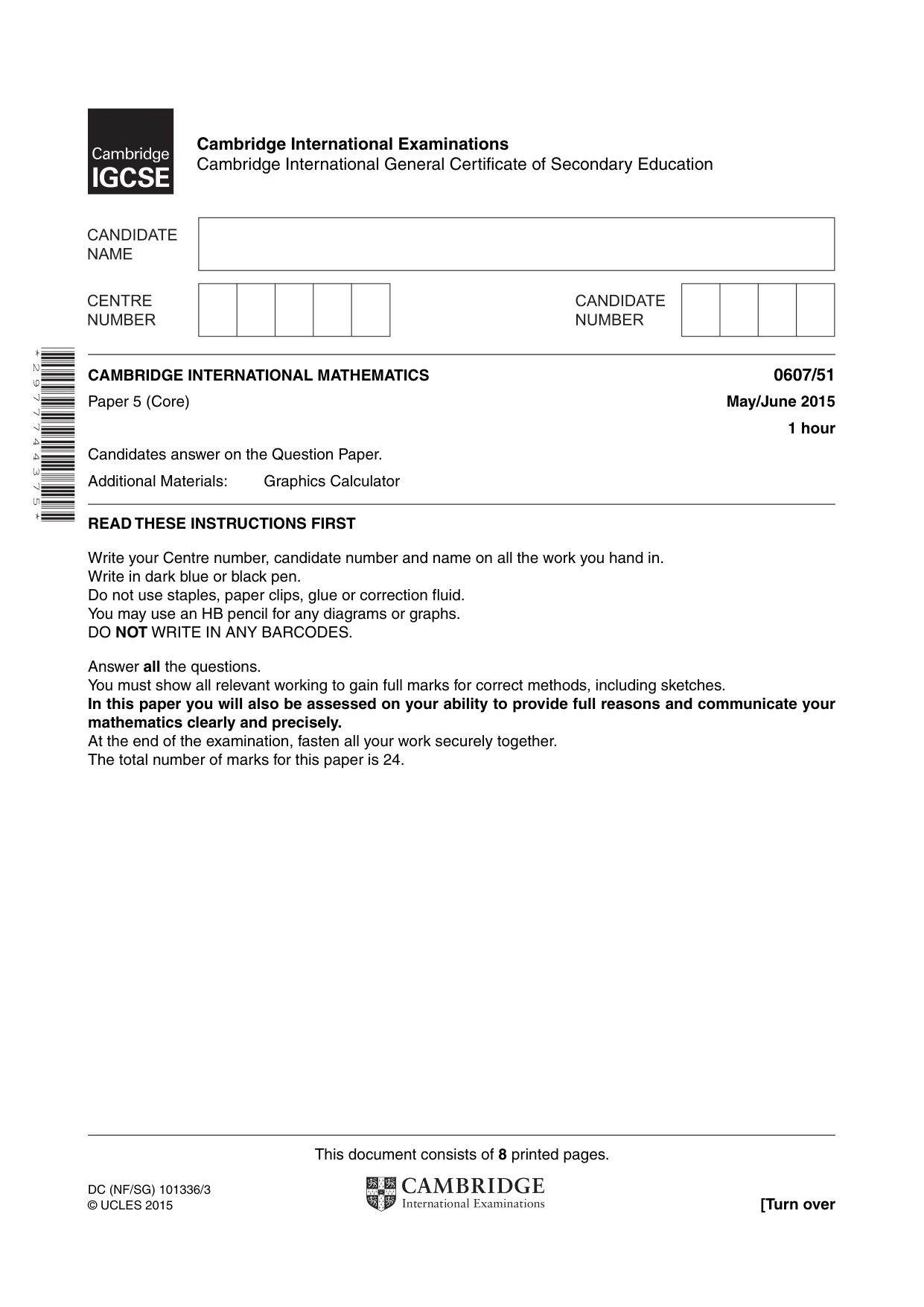 Cambridge IGCSE Mathematics - International 0607 2015 May/June Paper 5 · Variant 1 question paper, page 1 of 8