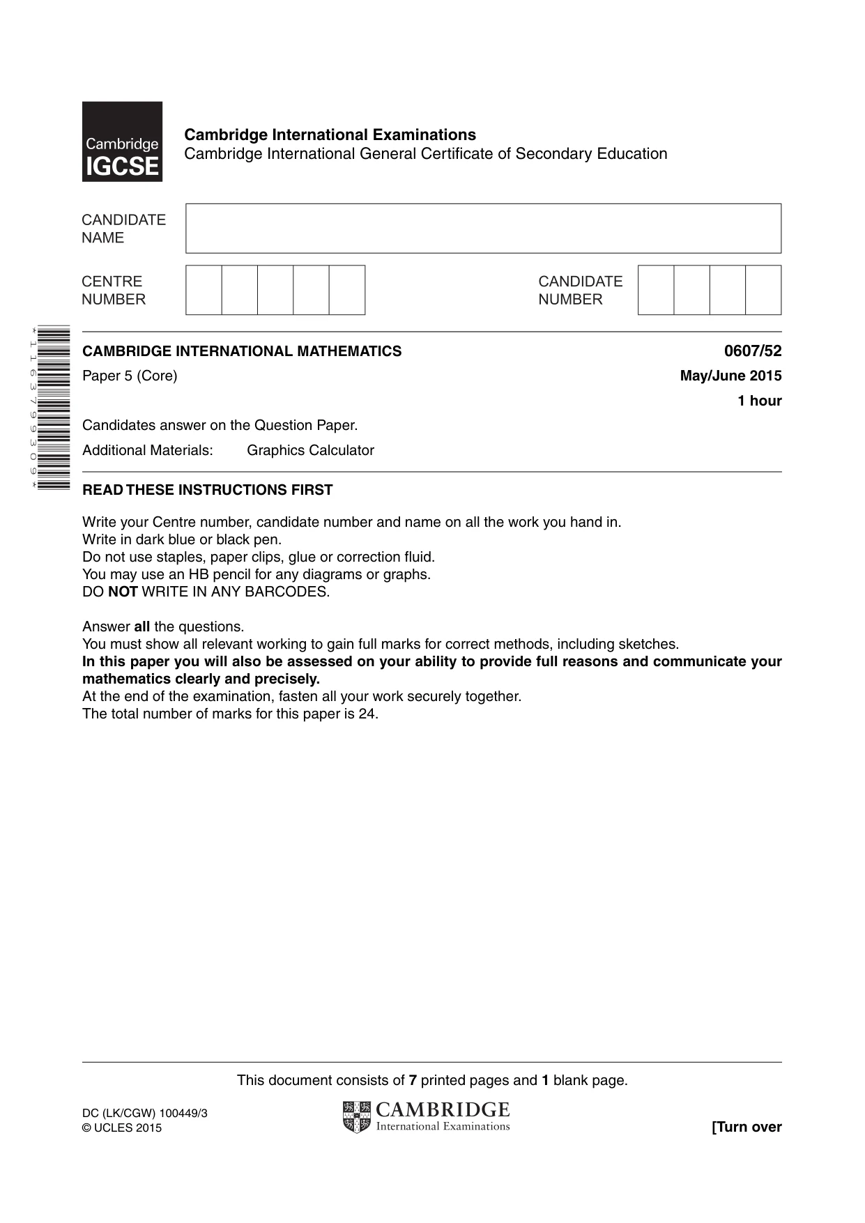 Cambridge IGCSE Mathematics - International 0607 2015 May/June Paper 5 · Variant 2 question paper, page 1 of 8