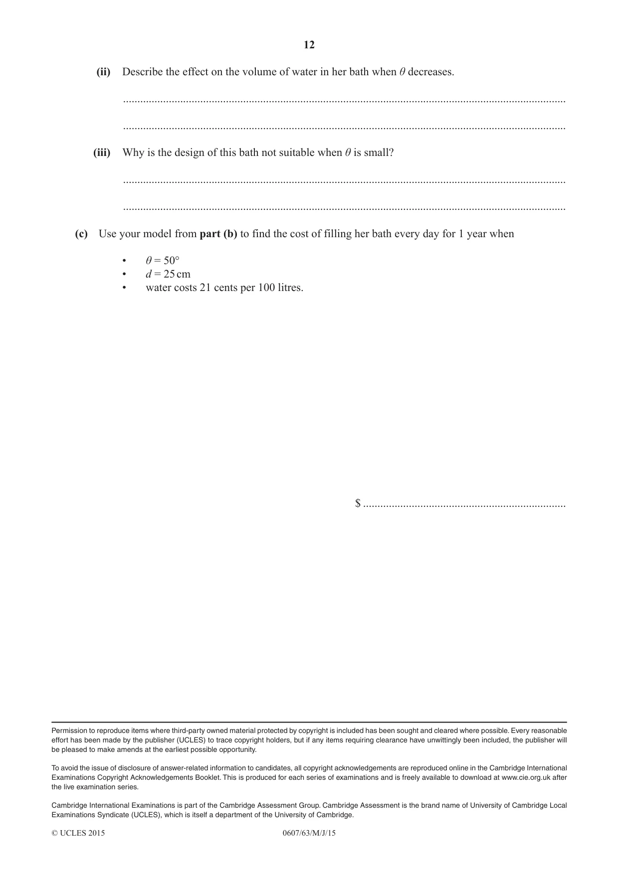 Cambridge IGCSE Mathematics - International 0607 2015 May/June Paper 6 · Variant 3 question paper, page 12 of 12