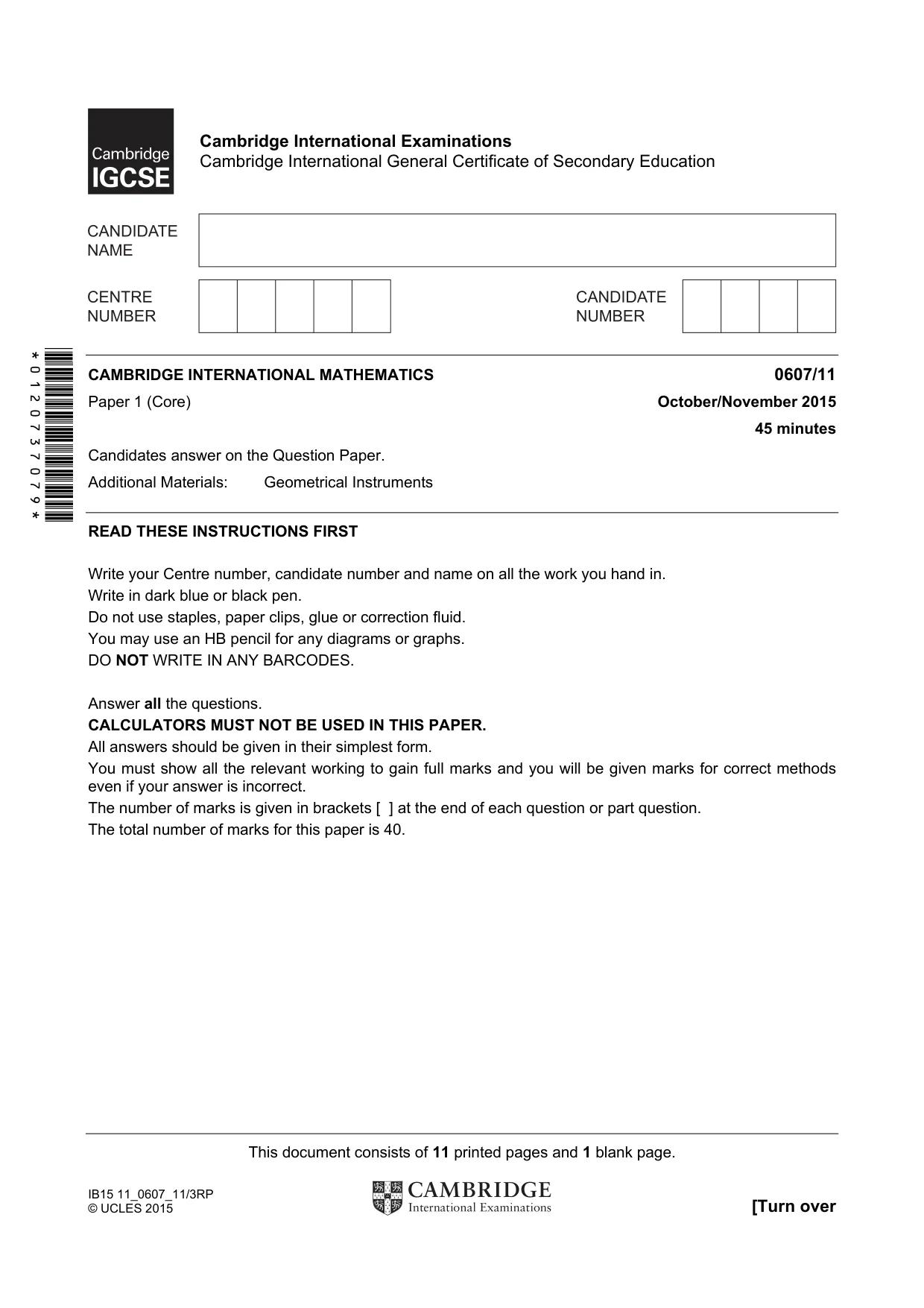 Cambridge IGCSE Mathematics - International 0607 2015 Oct/Nov Paper 1 · Variant 1 question paper, page 1 of 12