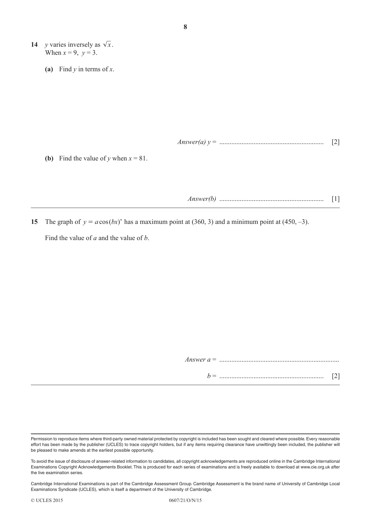 Cambridge IGCSE Mathematics - International 0607 2015 Oct/Nov Paper 2 · Variant 1 question paper, page 8 of 8