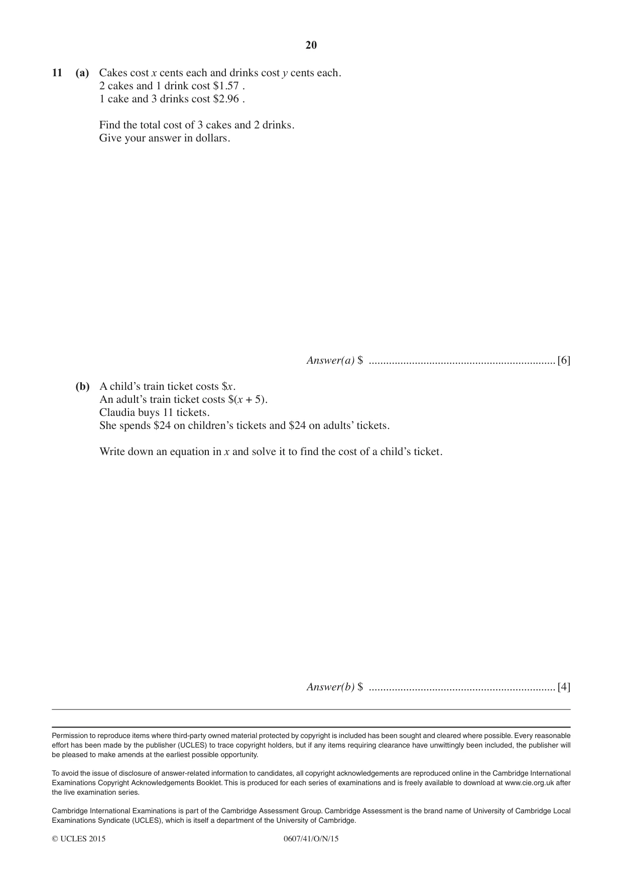 Cambridge IGCSE Mathematics - International 0607 2015 Oct/Nov Paper 4 · Variant 1 question paper, page 20 of 20