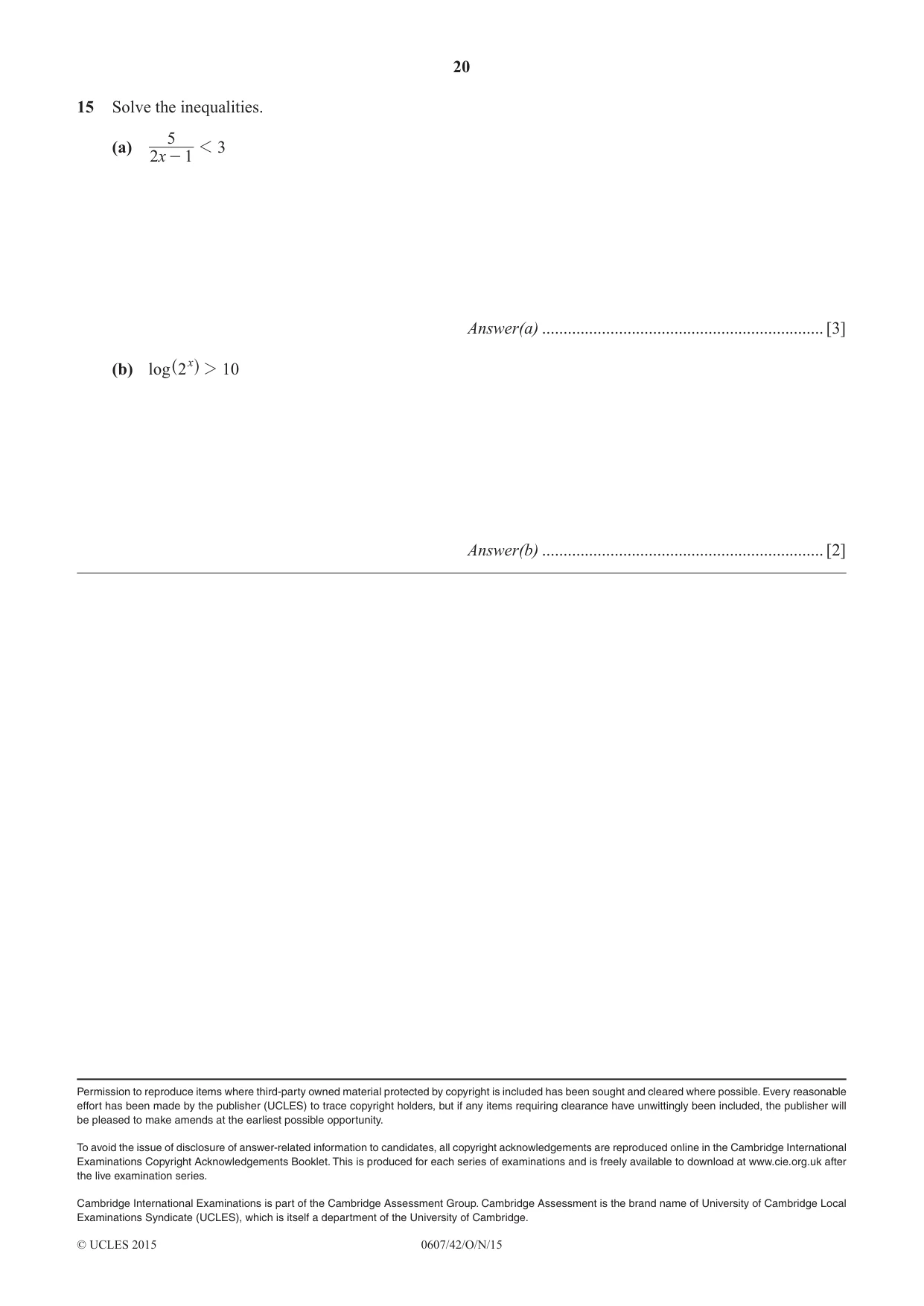 Cambridge IGCSE Mathematics - International 0607 2015 Oct/Nov Paper 4 · Variant 2 question paper, page 20 of 20