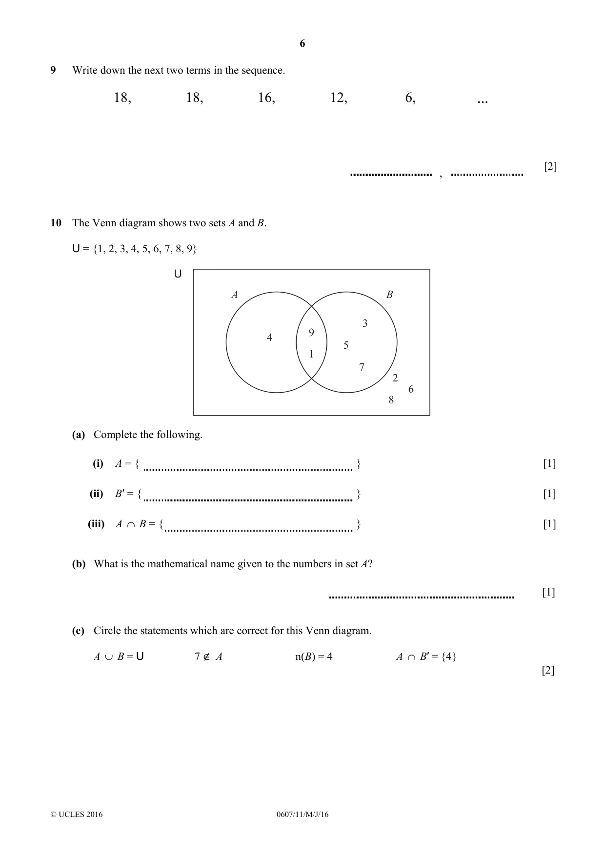 Cambridge IGCSE Mathematics - International 0607 2016 May/June Paper 1 · Variant 1 question paper, page 6 of 8