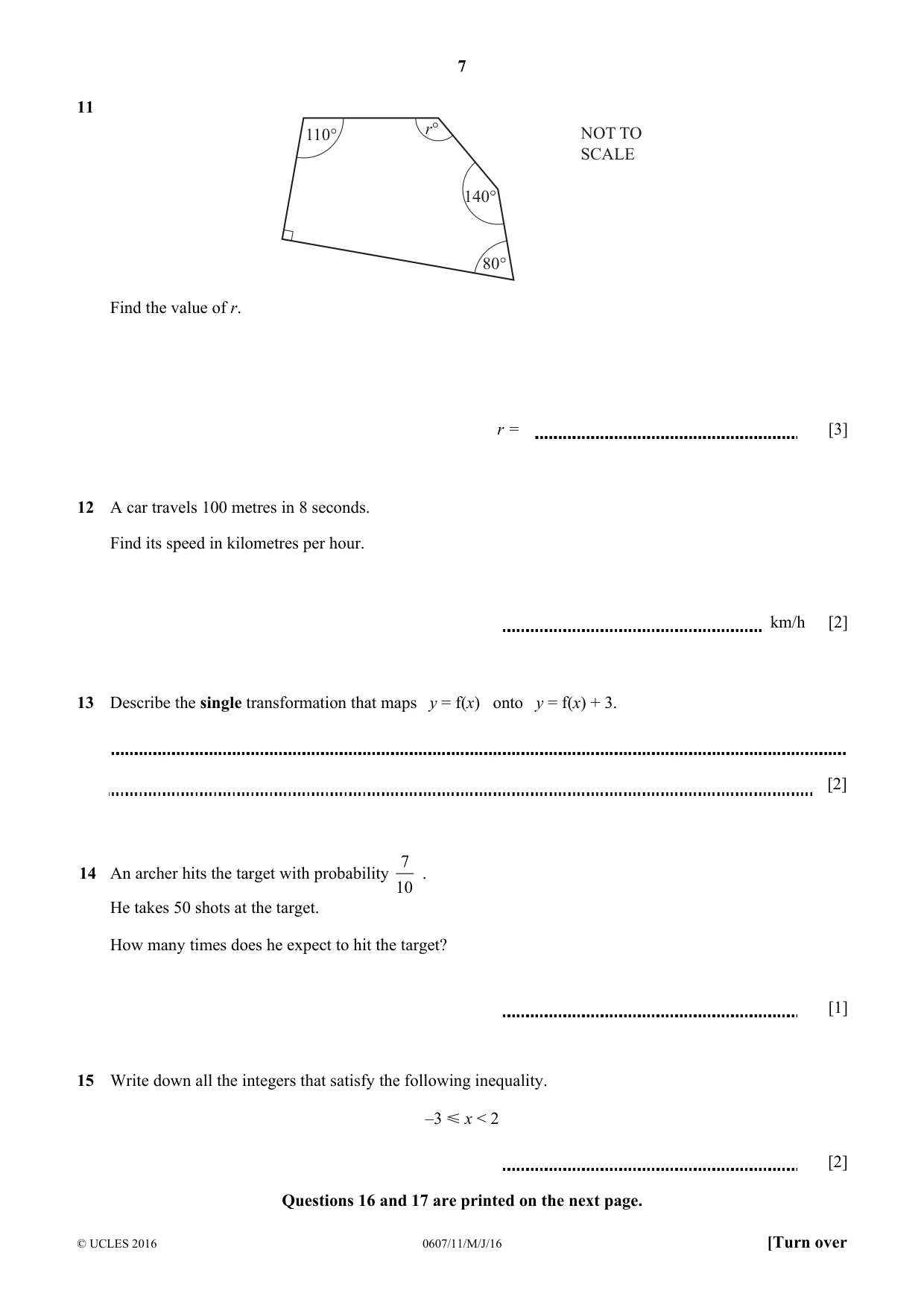 Cambridge IGCSE Mathematics - International 0607 2016 May/June Paper 1 · Variant 1 question paper, page 7 of 8