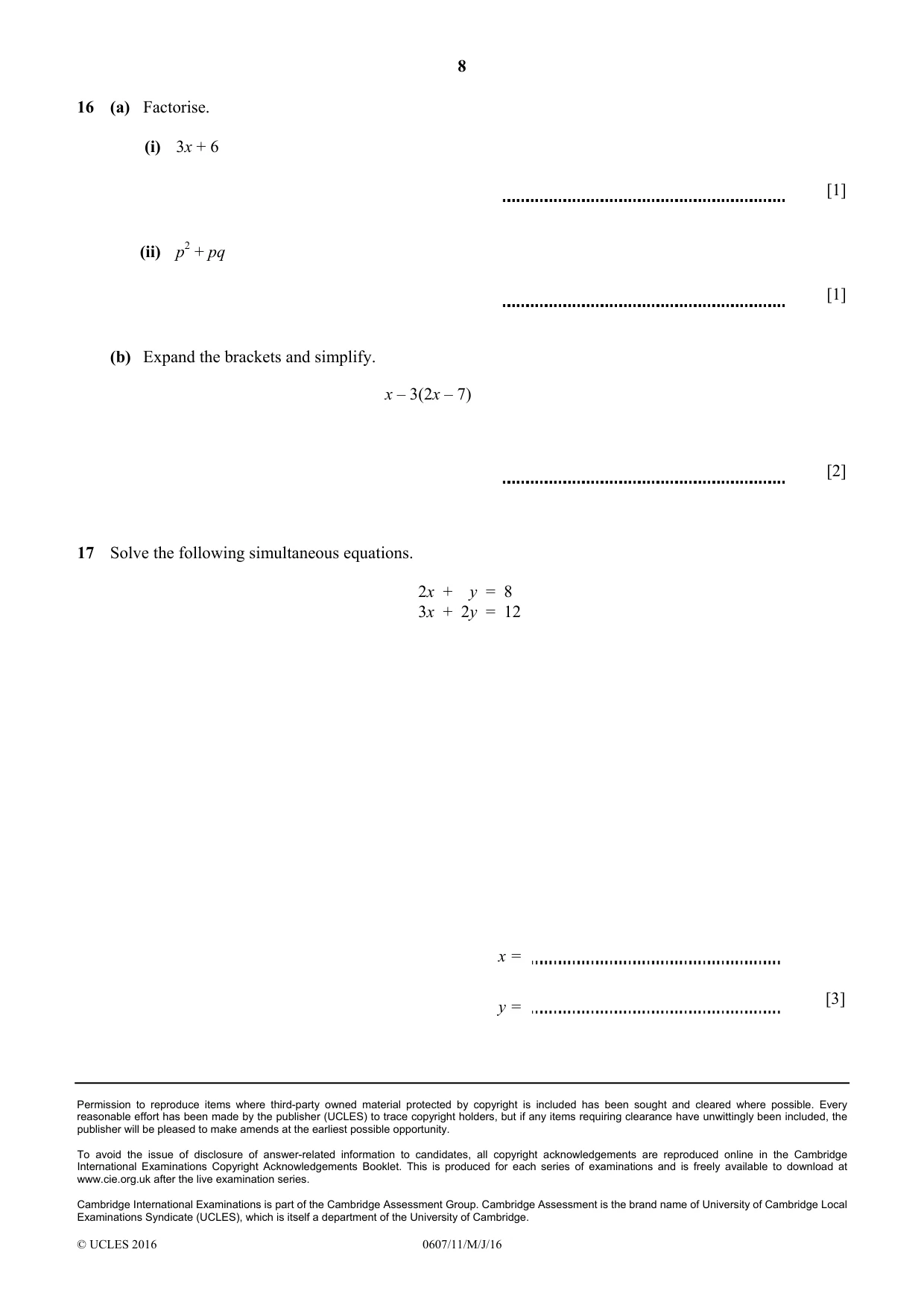 Cambridge IGCSE Mathematics - International 0607 2016 May/June Paper 1 · Variant 1 question paper, page 8 of 8