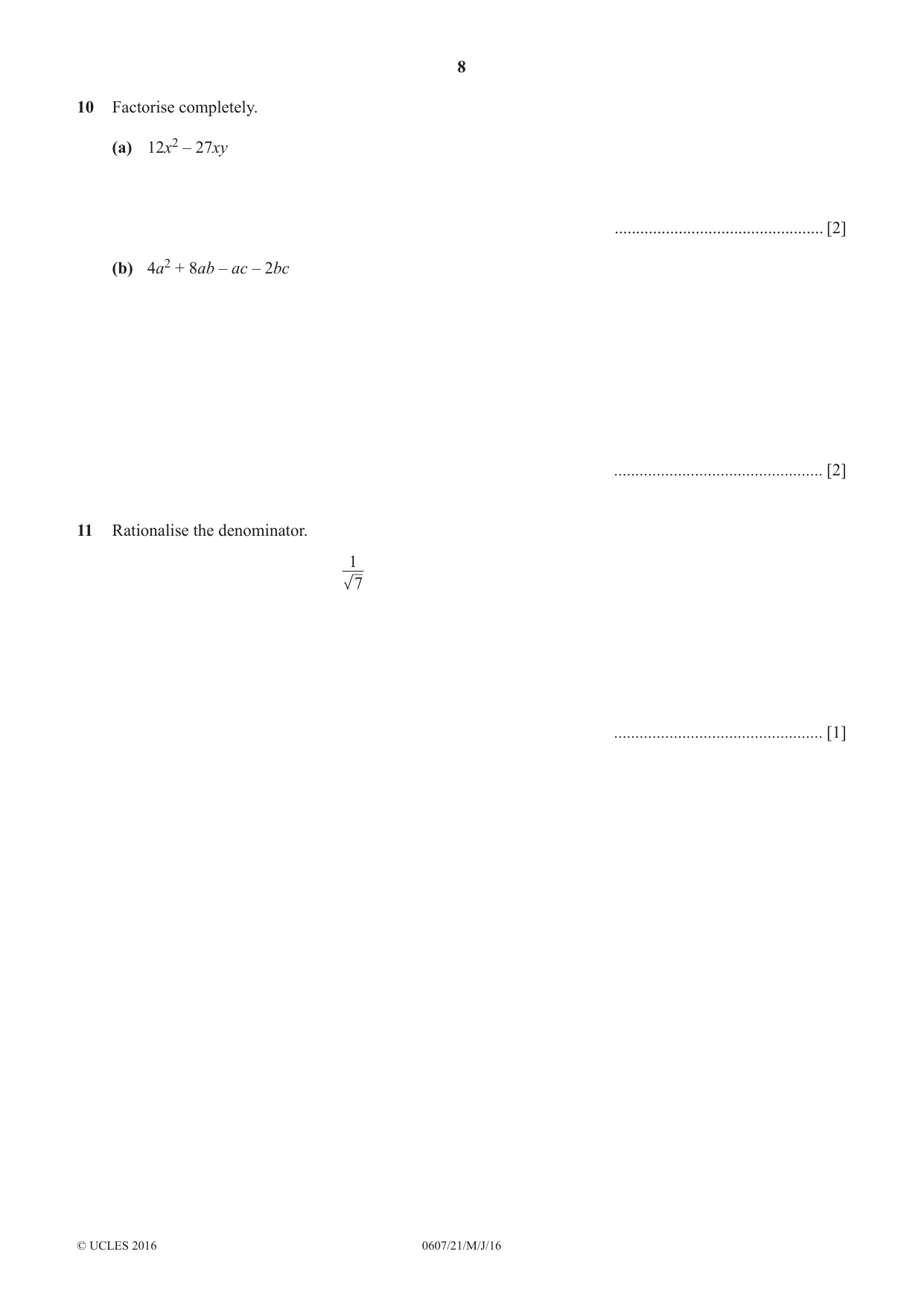 Cambridge IGCSE Mathematics - International 0607 2016 May/June Paper 2 · Variant 1 question paper, page 8 of 12