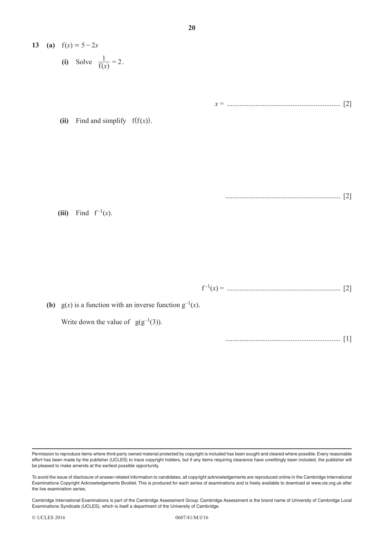 Cambridge IGCSE Mathematics - International 0607 2016 May/June Paper 4 · Variant 1 question paper, page 20 of 20