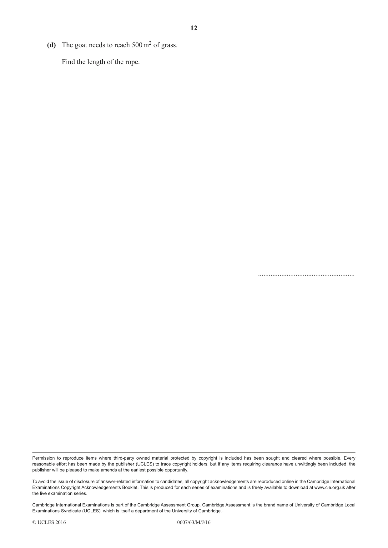 Cambridge IGCSE Mathematics - International 0607 2016 May/June Paper 6 · Variant 3 question paper, page 12 of 12