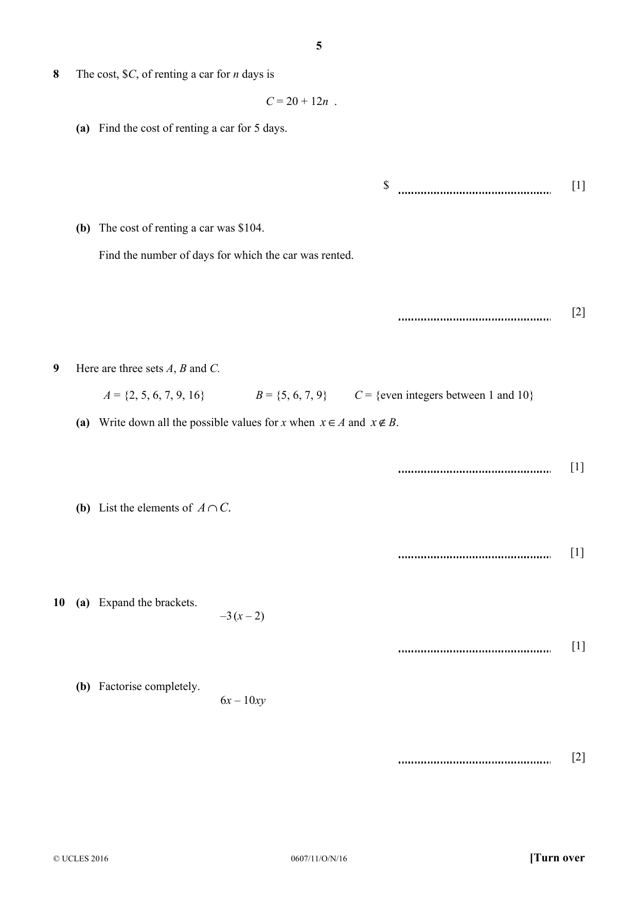Cambridge IGCSE Mathematics - International 0607 2016 Oct/Nov Paper 1 · Variant 1 question paper, page 5 of 8