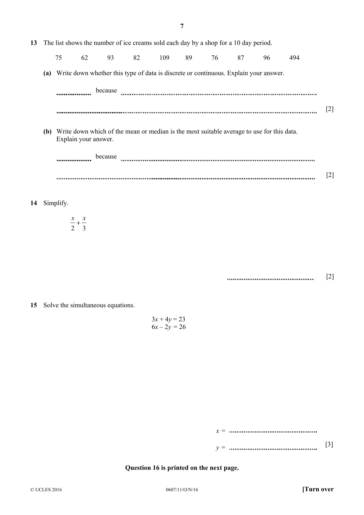 Cambridge IGCSE Mathematics - International 0607 2016 Oct/Nov Paper 1 · Variant 1 question paper, page 7 of 8