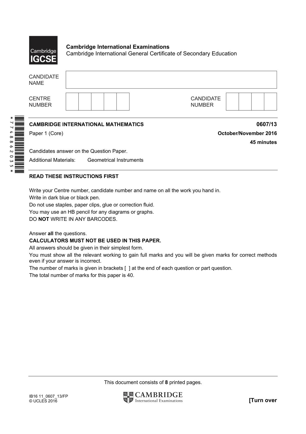 Cambridge IGCSE Mathematics - International 0607 2016 Oct/Nov Paper 1 · Variant 3 question paper, page 1 of 8
