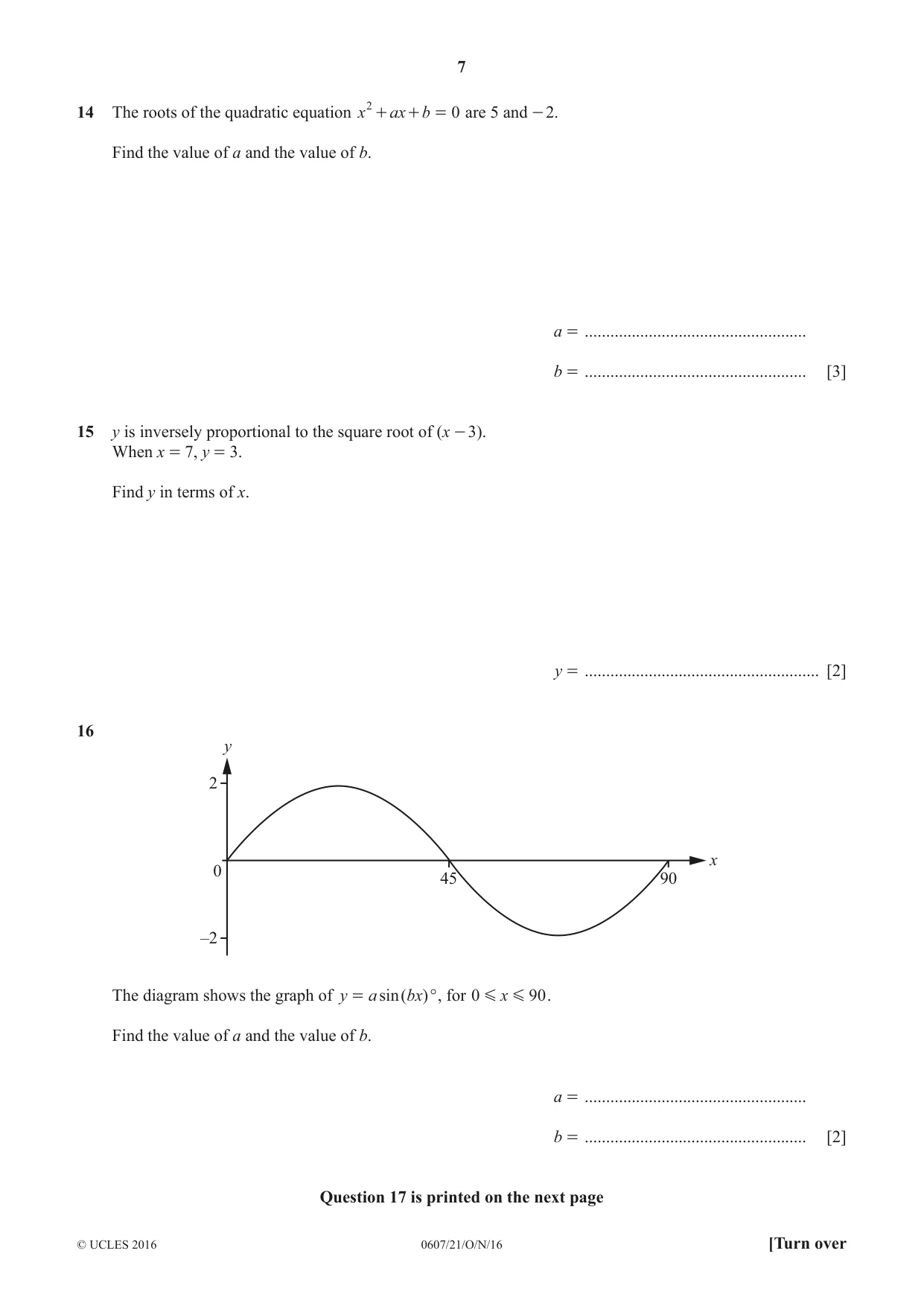 Cambridge IGCSE Mathematics - International 0607 2016 Oct/Nov Paper 2 · Variant 1 question paper, page 7 of 8