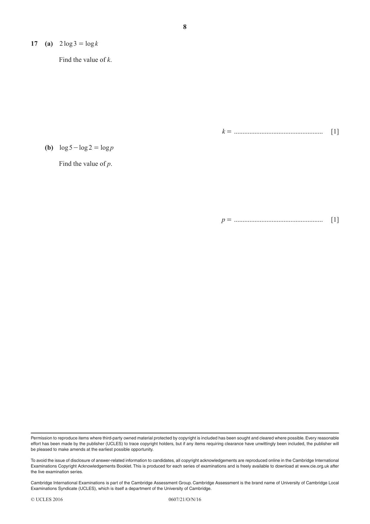 Cambridge IGCSE Mathematics - International 0607 2016 Oct/Nov Paper 2 · Variant 1 question paper, page 8 of 8