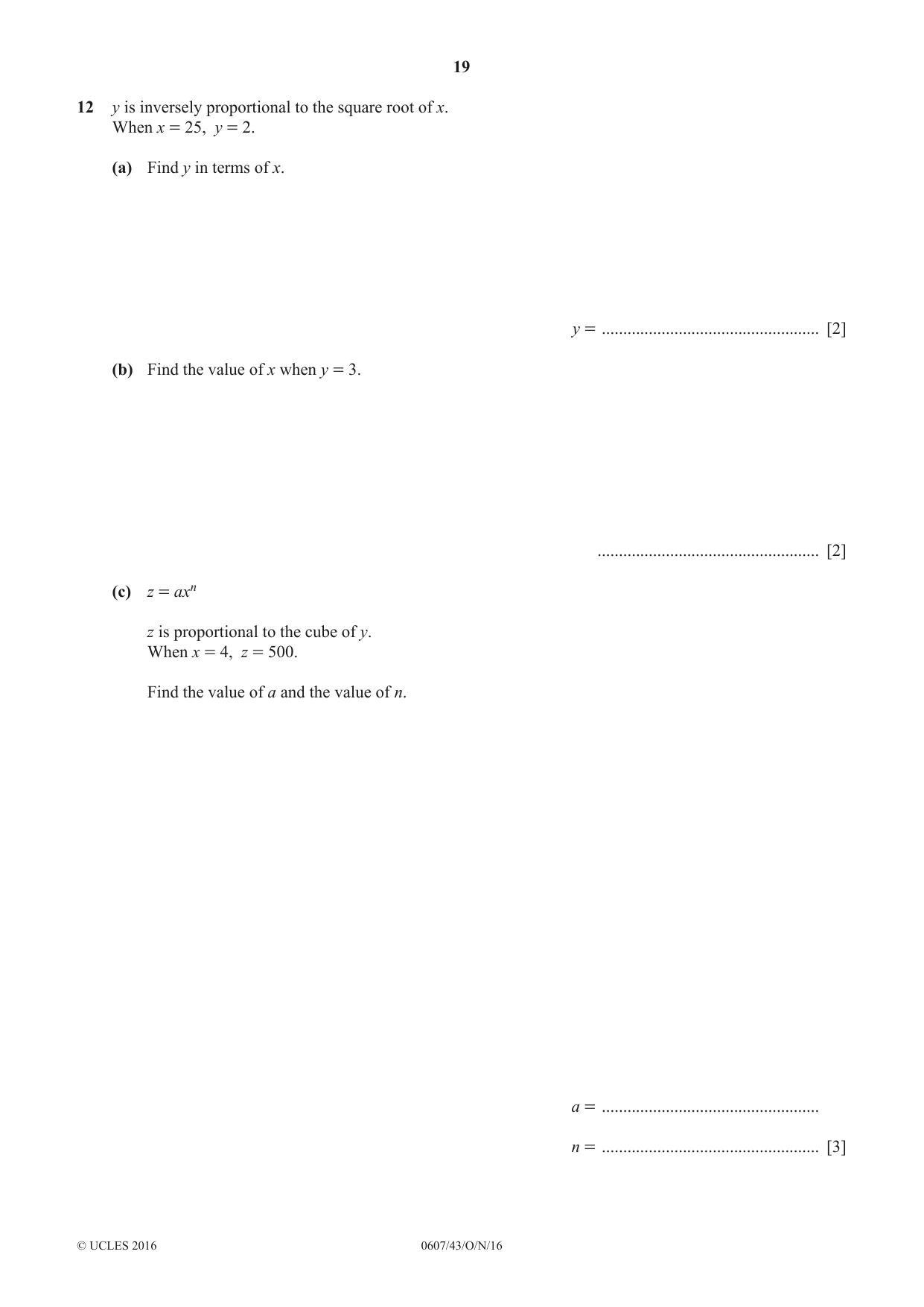 Cambridge IGCSE Mathematics - International 0607 2016 Oct/Nov Paper 4 · Variant 3 question paper, page 19 of 20