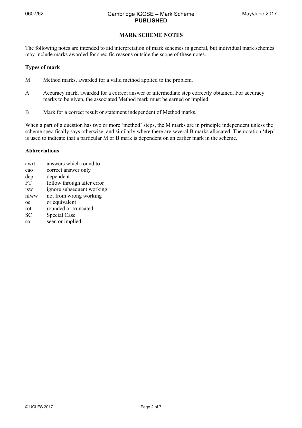 Mark scheme, page 2 of 7