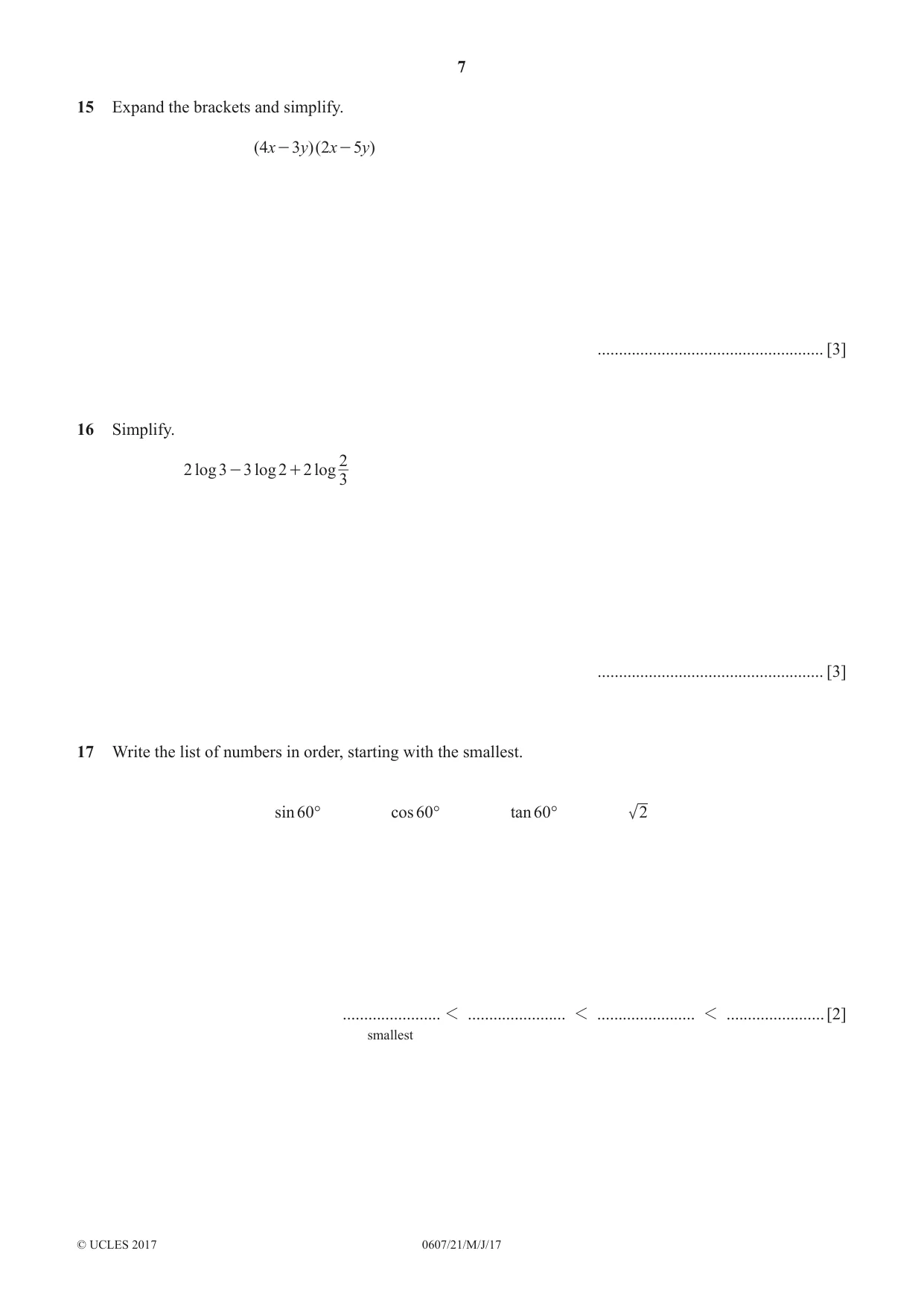 Cambridge IGCSE Mathematics - International 0607 2017 May/June Paper 2 · Variant 1 question paper, page 7 of 8