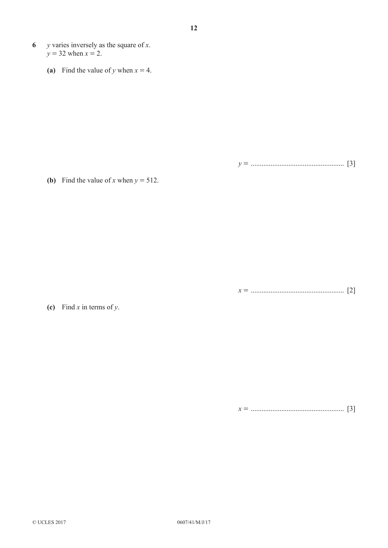 Cambridge IGCSE Mathematics - International 0607 2017 May/June Paper 4 · Variant 1 question paper, page 12 of 20