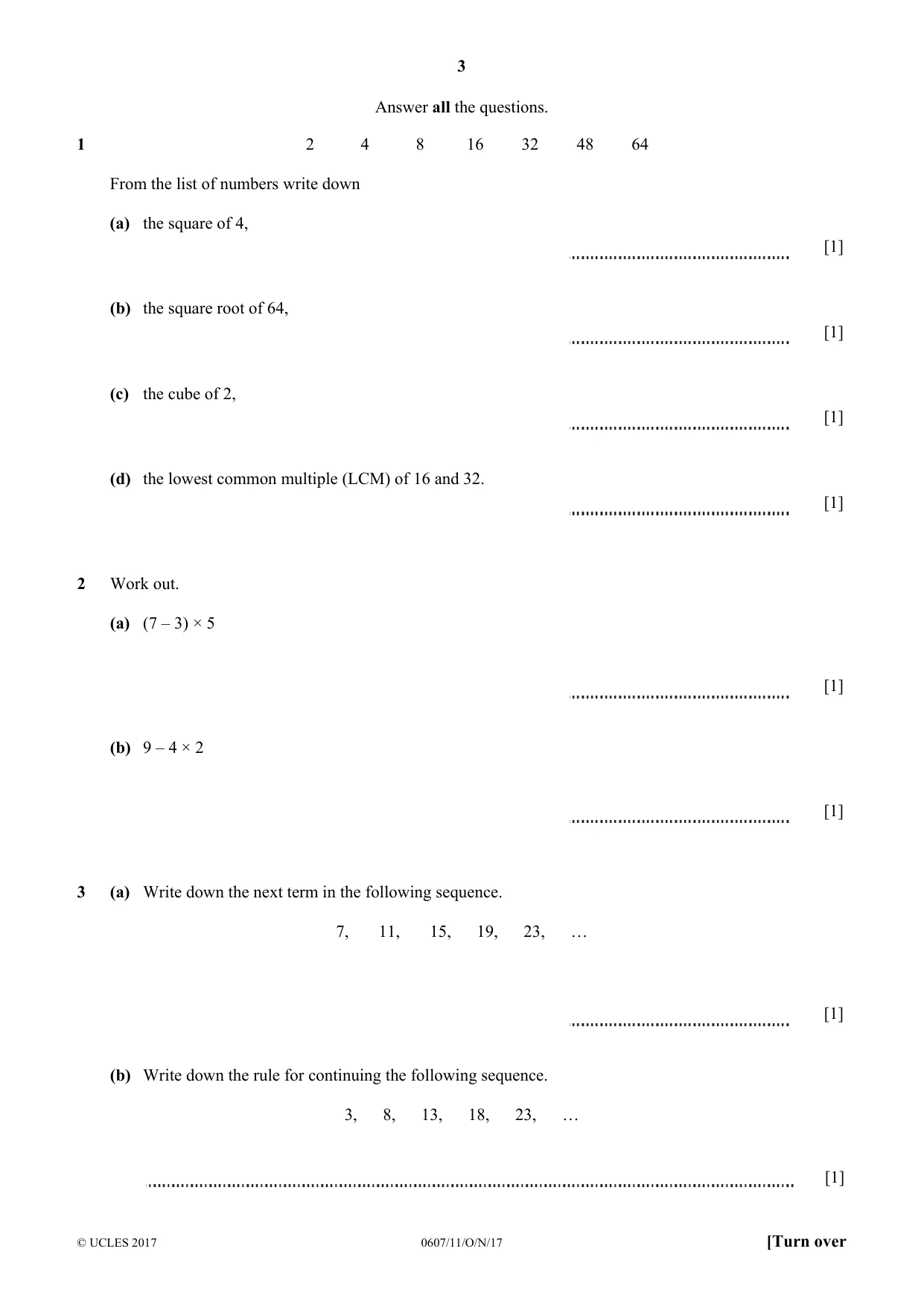 Cambridge IGCSE Mathematics - International 0607 2017 Oct/Nov Paper 1 · Variant 1 question paper, page 3 of 8