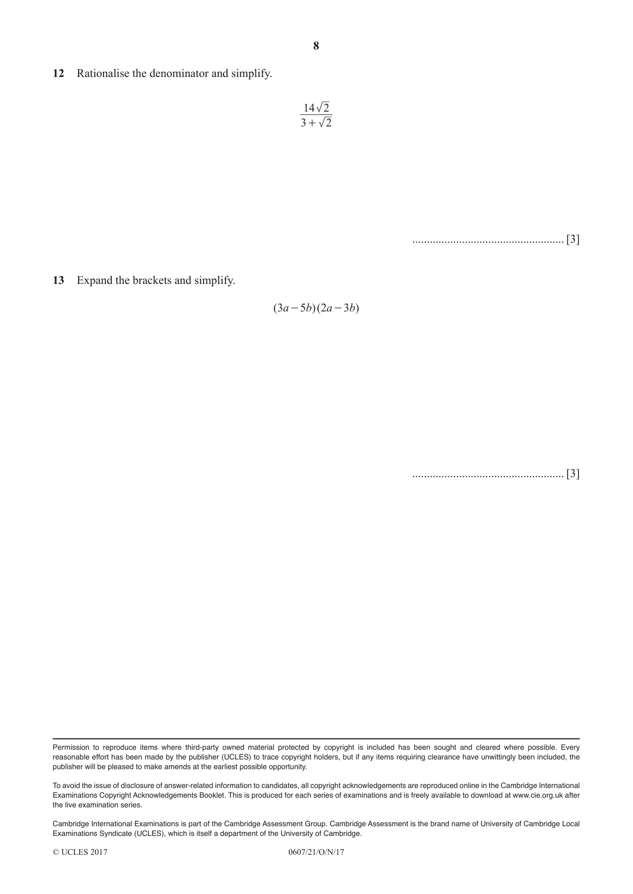 Cambridge IGCSE Mathematics - International 0607 2017 Oct/Nov Paper 2 · Variant 1 question paper, page 8 of 8