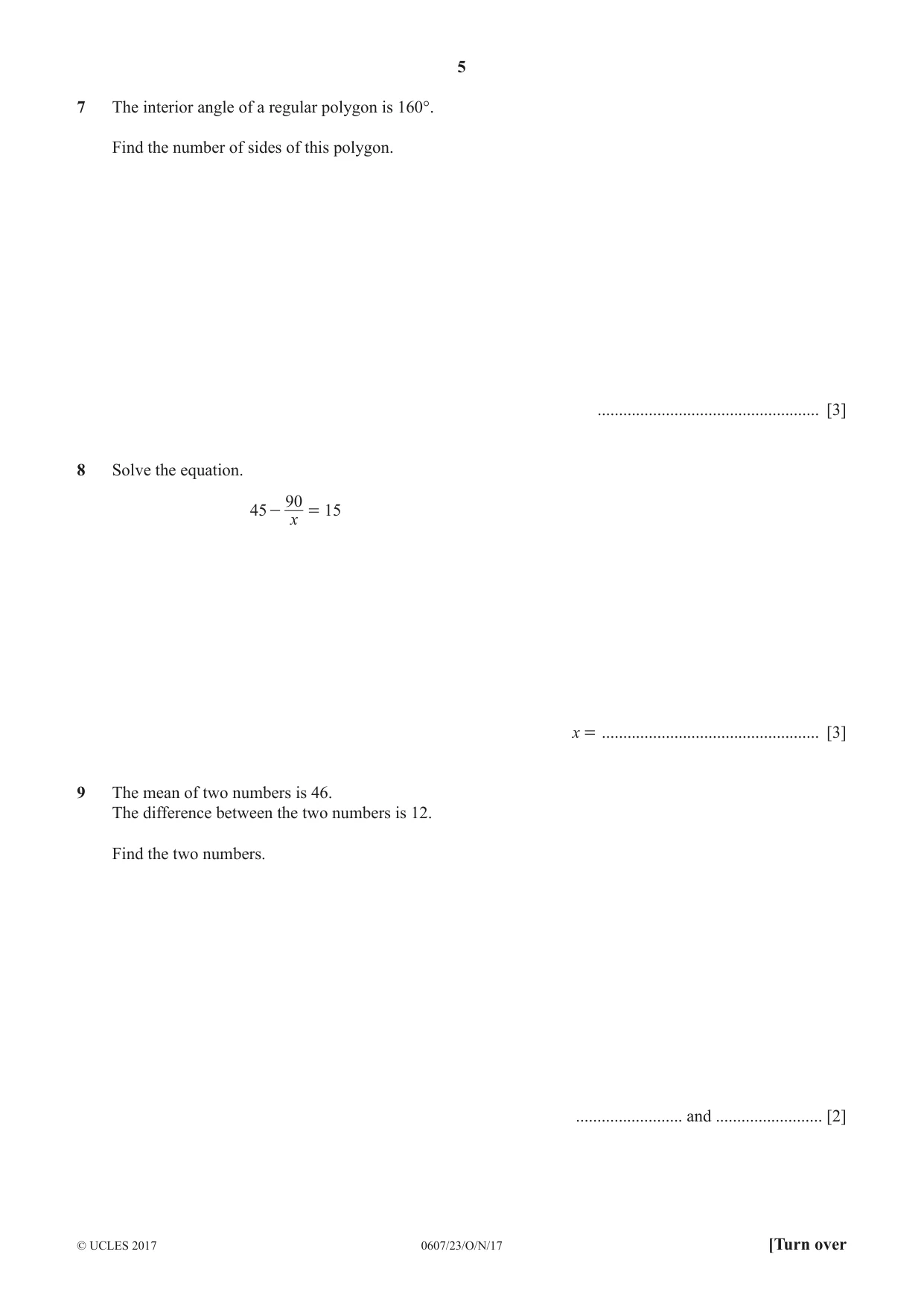 Cambridge IGCSE Mathematics - International 0607 2017 Oct/Nov Paper 2 · Variant 3 question paper, page 5 of 8