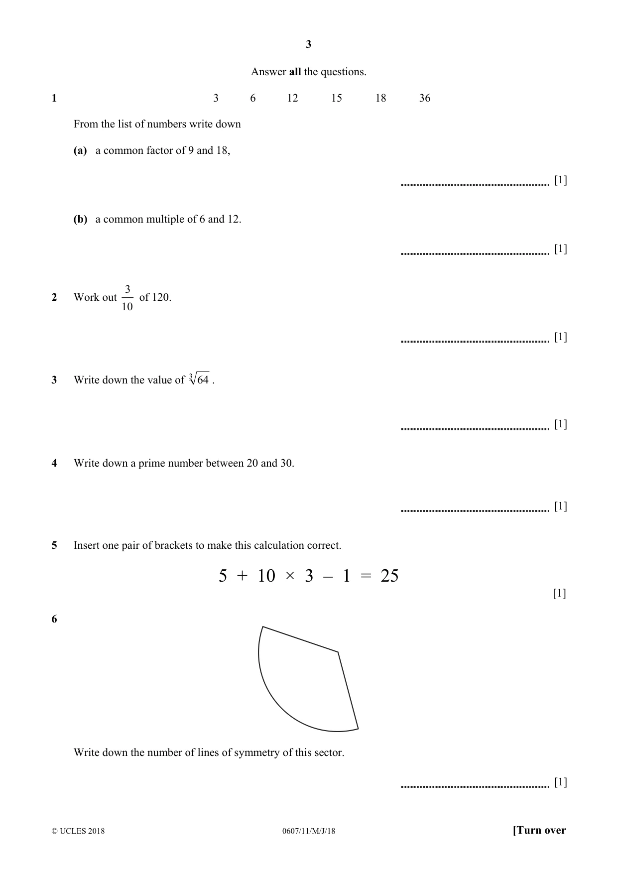 Cambridge IGCSE Mathematics - International 0607 2018 May/June Paper 1 · Variant 1 question paper, page 3 of 8