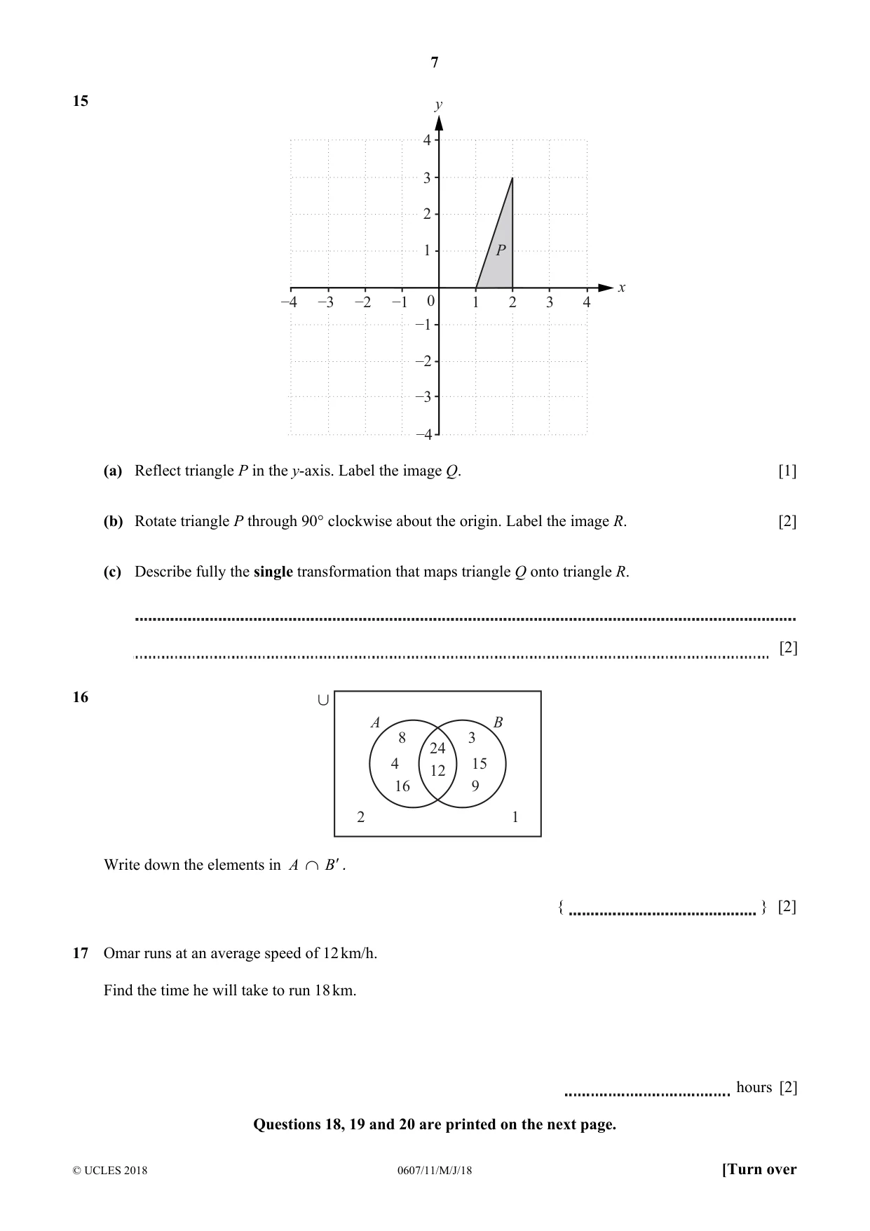 Cambridge IGCSE Mathematics - International 0607 2018 May/June Paper 1 · Variant 1 question paper, page 7 of 8