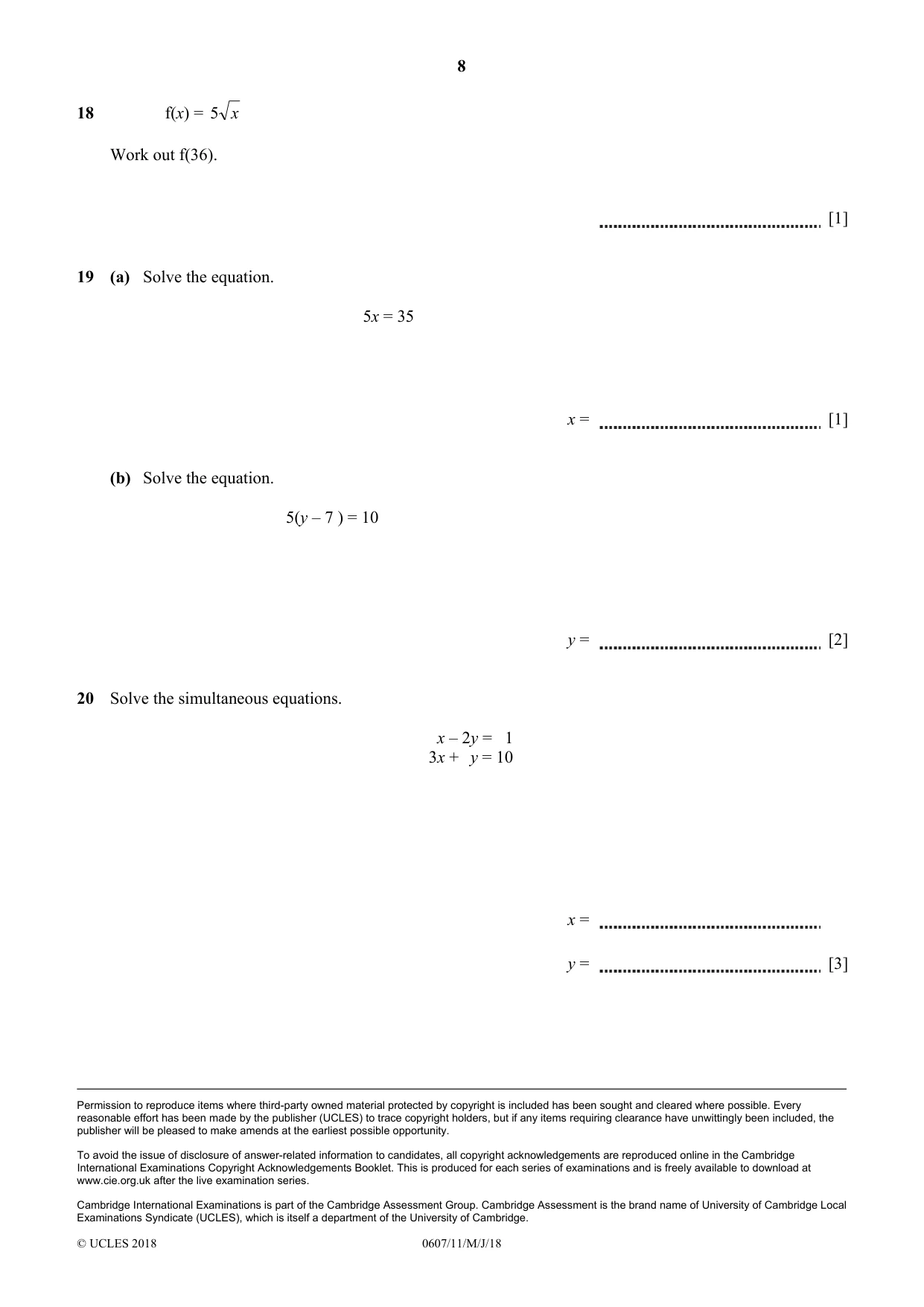 Cambridge IGCSE Mathematics - International 0607 2018 May/June Paper 1 · Variant 1 question paper, page 8 of 8