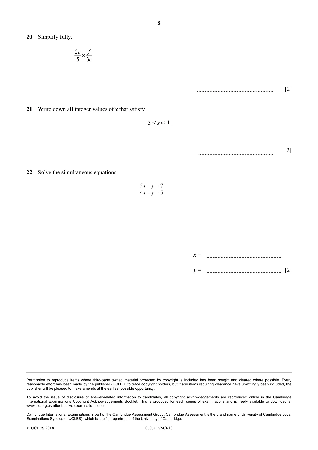 Cambridge IGCSE Mathematics - International 0607 2018 May/June Paper 1 · Variant 2 question paper, page 8 of 8