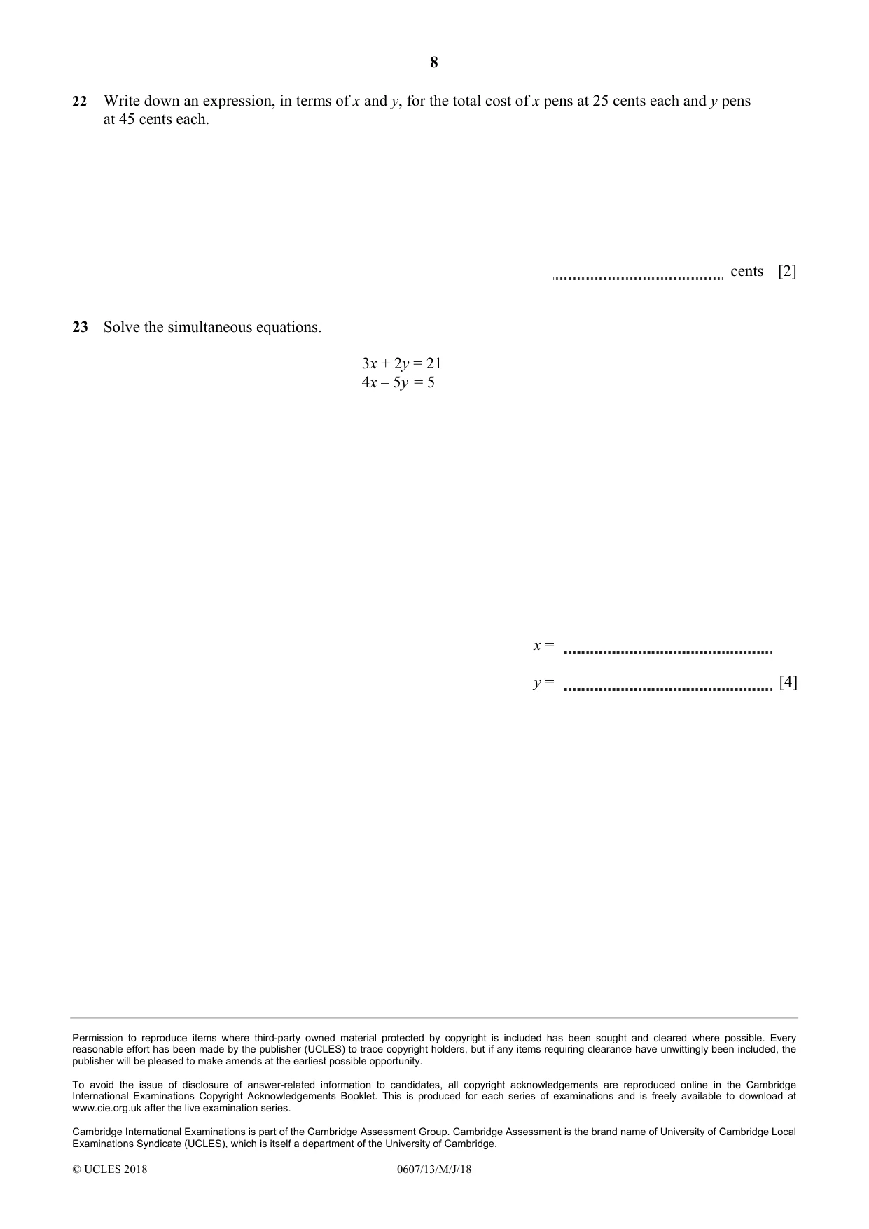 Cambridge IGCSE Mathematics - International 0607 2018 May/June Paper 1 · Variant 3 question paper, page 8 of 8