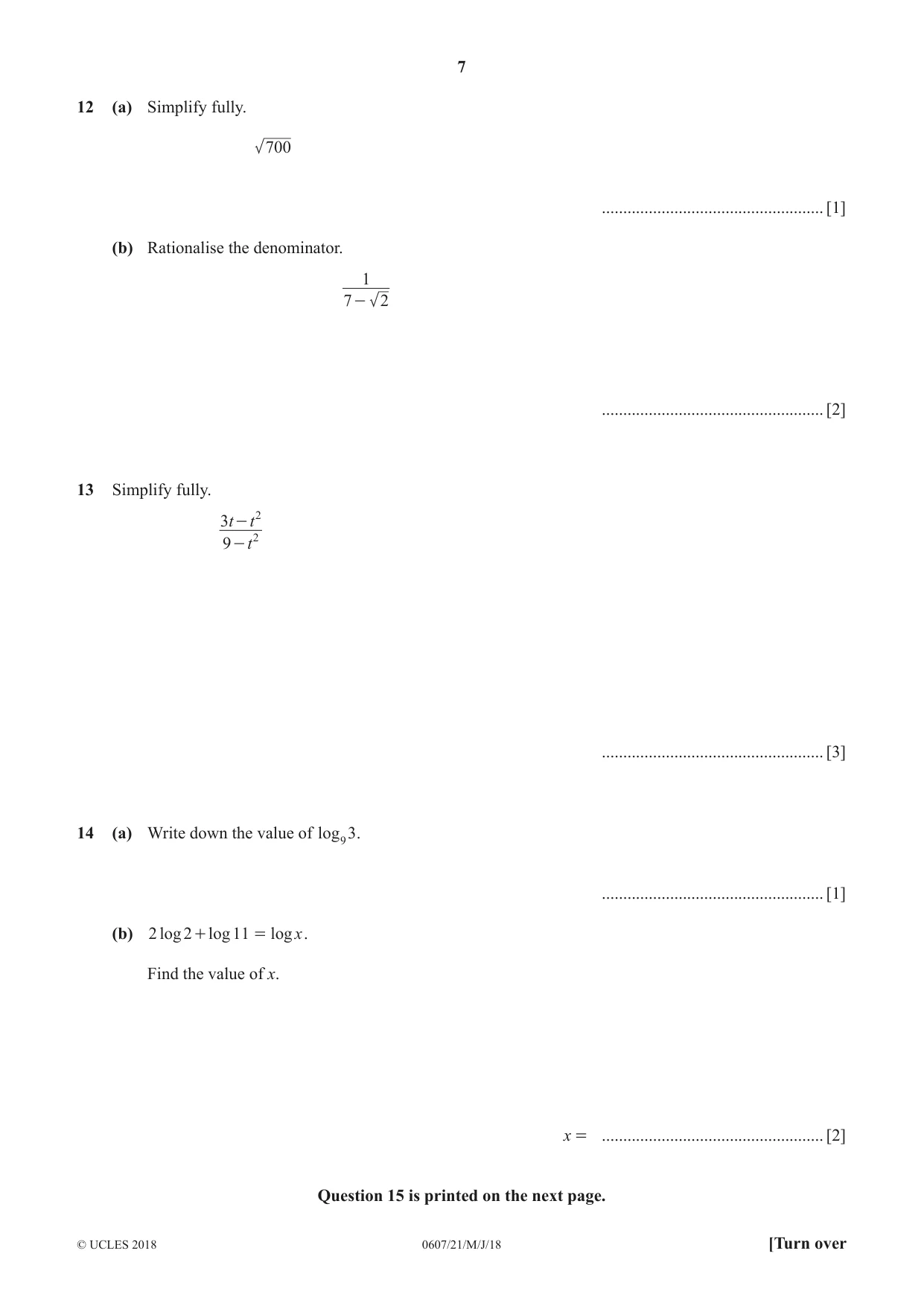 Cambridge IGCSE Mathematics - International 0607 2018 May/June Paper 2 · Variant 1 question paper, page 7 of 8