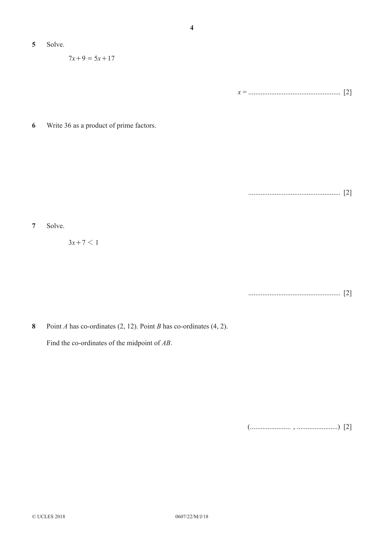 Cambridge IGCSE Mathematics - International 0607 2018 May/June Paper 2 · Variant 2 question paper, page 4 of 8