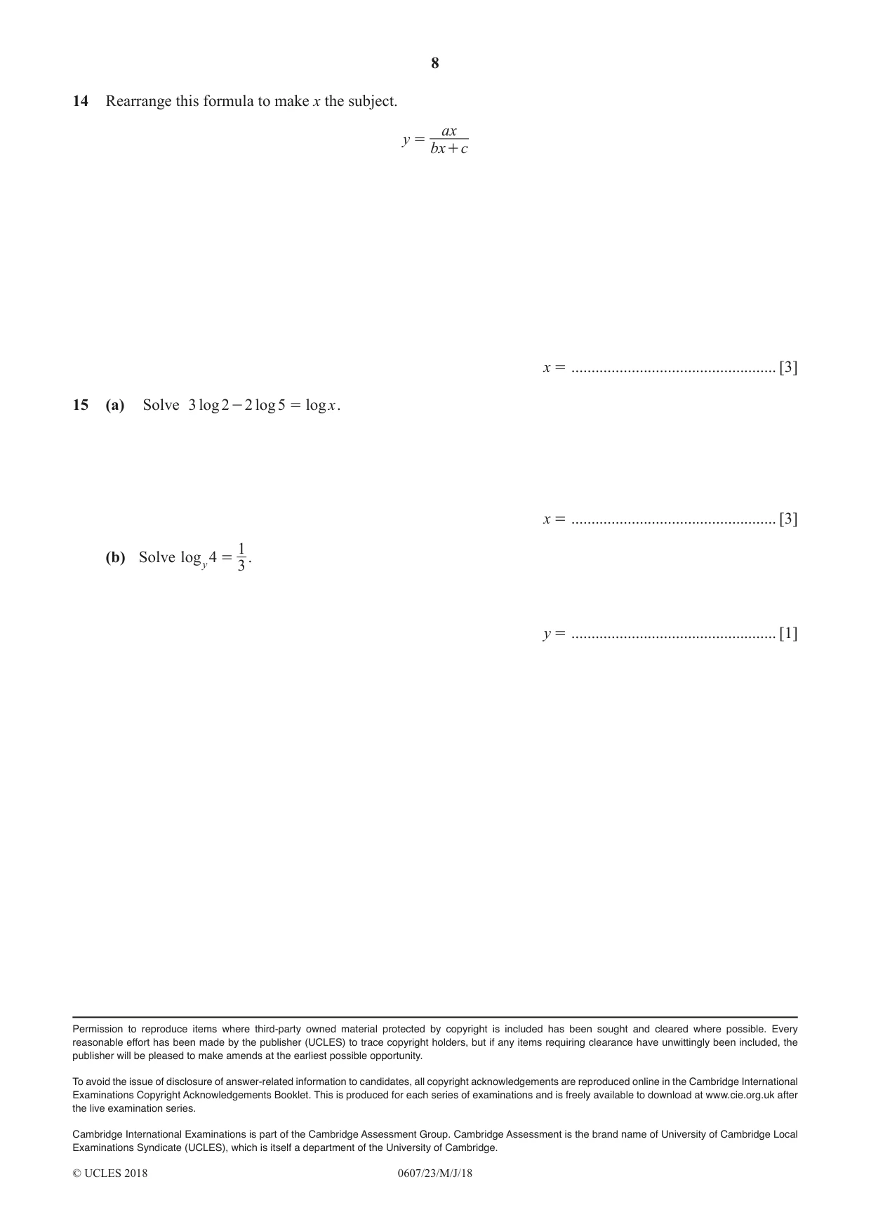 Cambridge IGCSE Mathematics - International 0607 2018 May/June Paper 2 · Variant 3 question paper, page 8 of 8