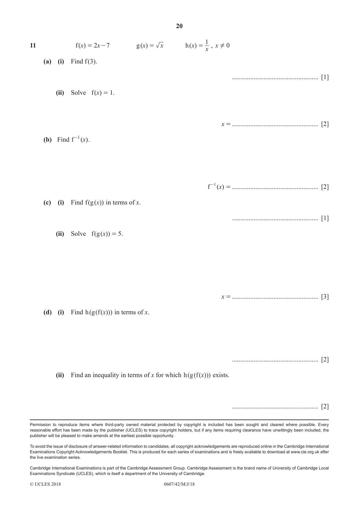 Cambridge IGCSE Mathematics - International 0607 2018 May/June Paper 4 · Variant 2 question paper, page 20 of 20