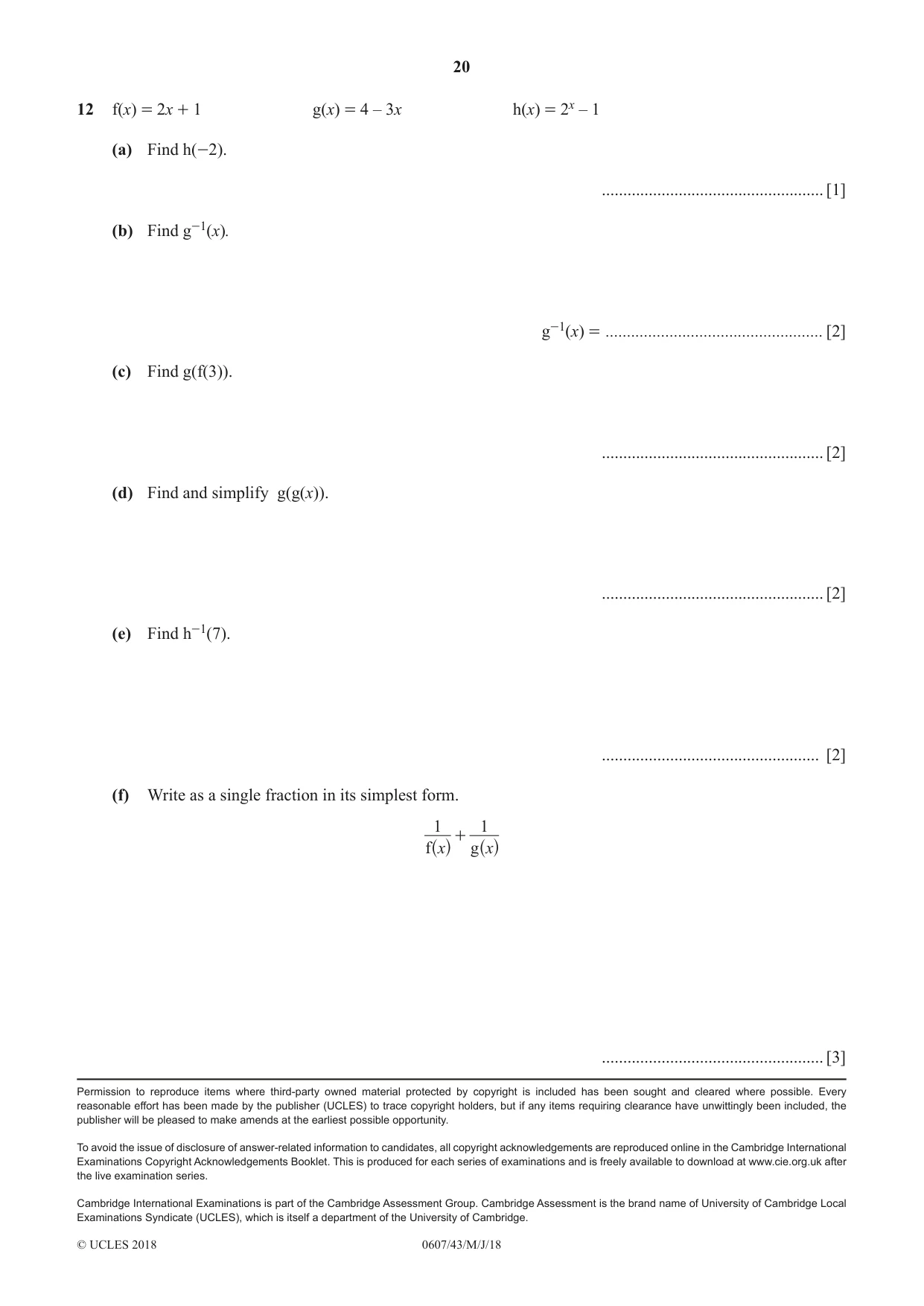 Cambridge IGCSE Mathematics - International 0607 2018 May/June Paper 4 · Variant 3 question paper, page 20 of 20