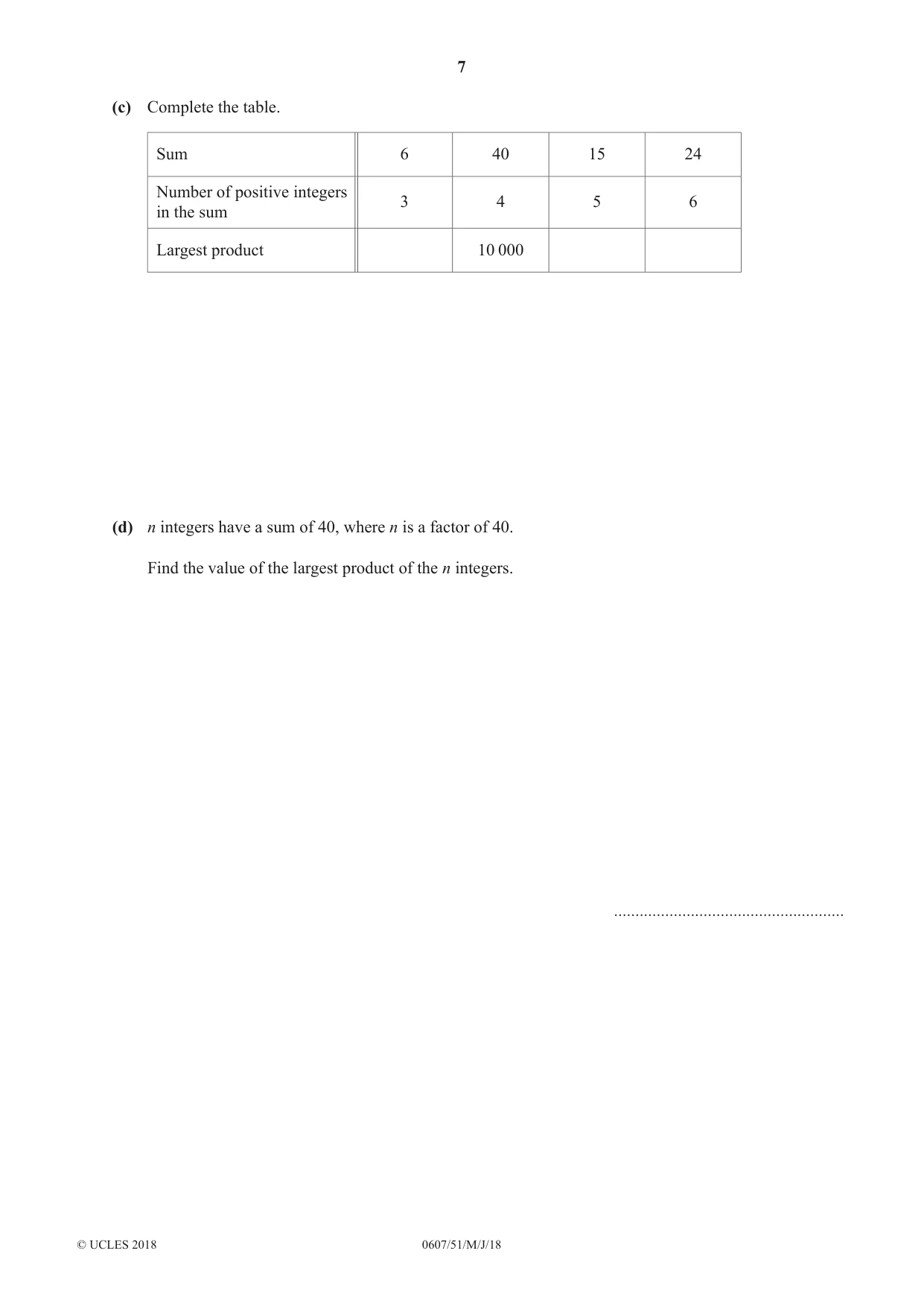 Cambridge IGCSE Mathematics - International 0607 2018 May/June Paper 5 · Variant 1 question paper, page 7 of 8