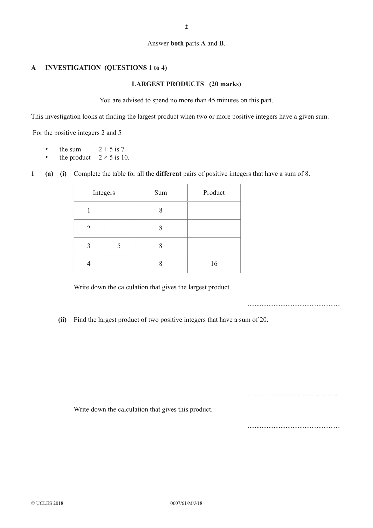 Cambridge IGCSE Mathematics - International 0607 2018 May/June Paper 6 · Variant 1 question paper, page 2 of 12