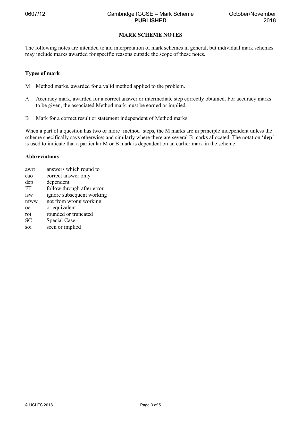 Mark scheme, page 3 of 5