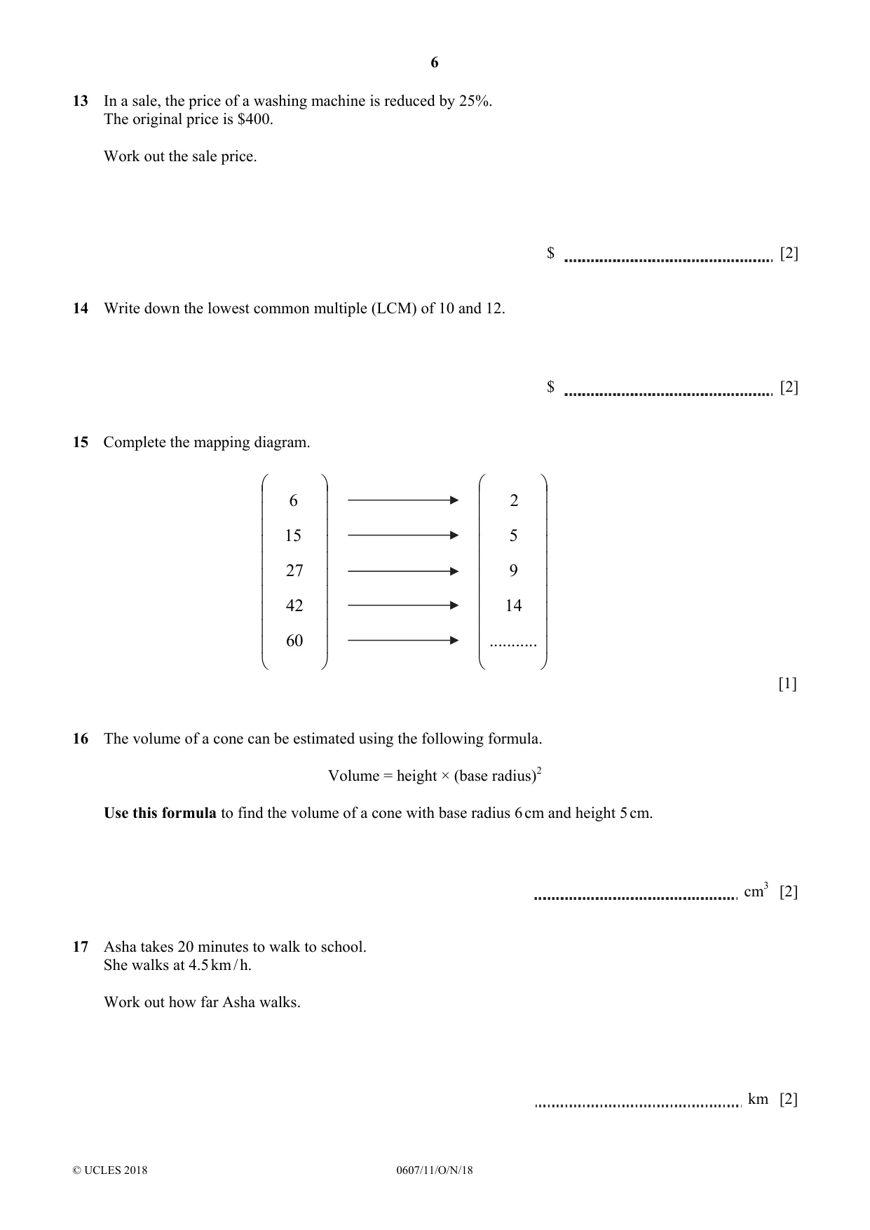 Cambridge IGCSE Mathematics - International 0607 2018 Oct/Nov Paper 1 · Variant 1 question paper, page 6 of 8